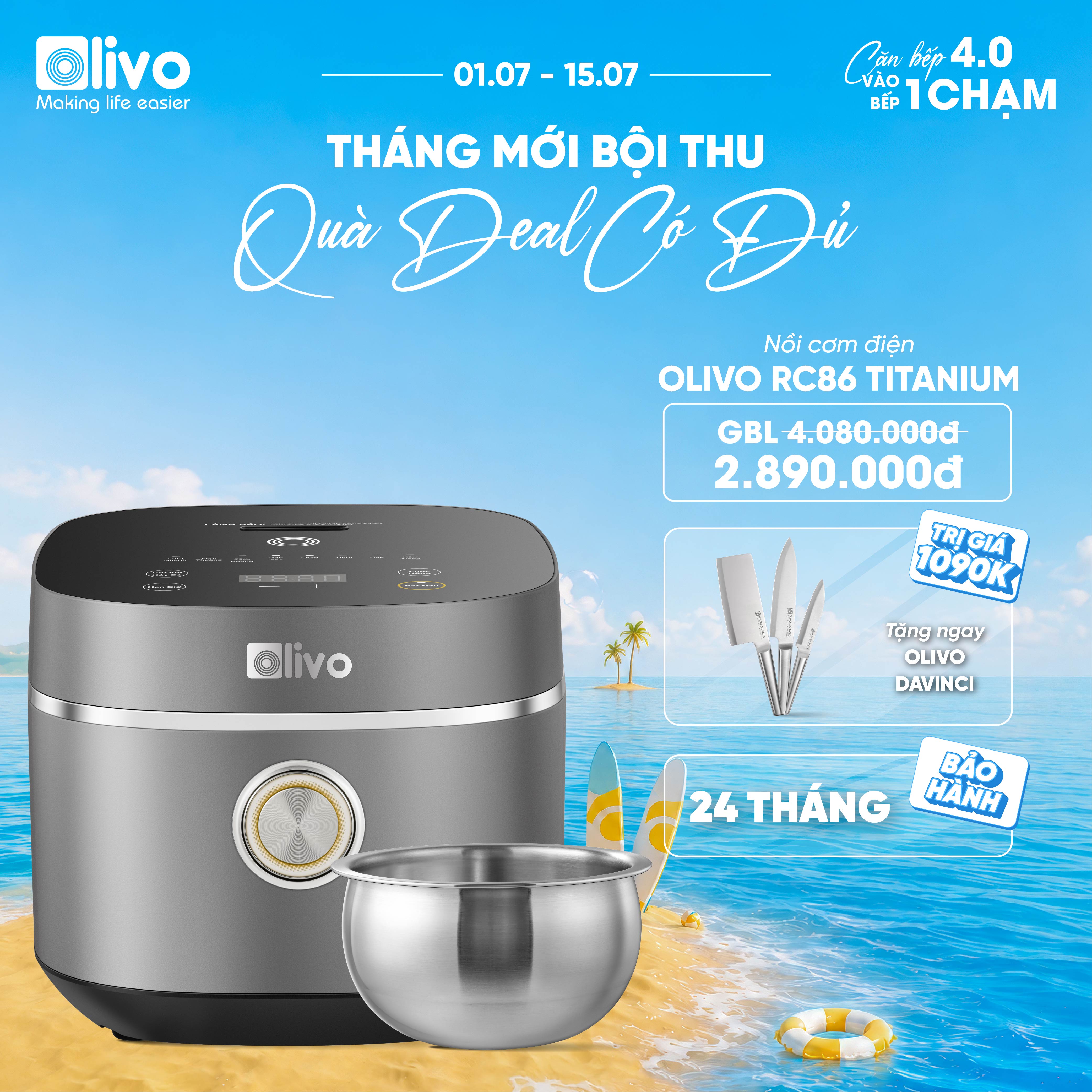 Nồi Cơm Điện OLIVO RC86 Titanium - Lòng Nồi INOX 304 Chống Dính Tự Nhiên, Nấu Cơm Ngon, Thiết Kế Tinh Tế, Sang Trọng
