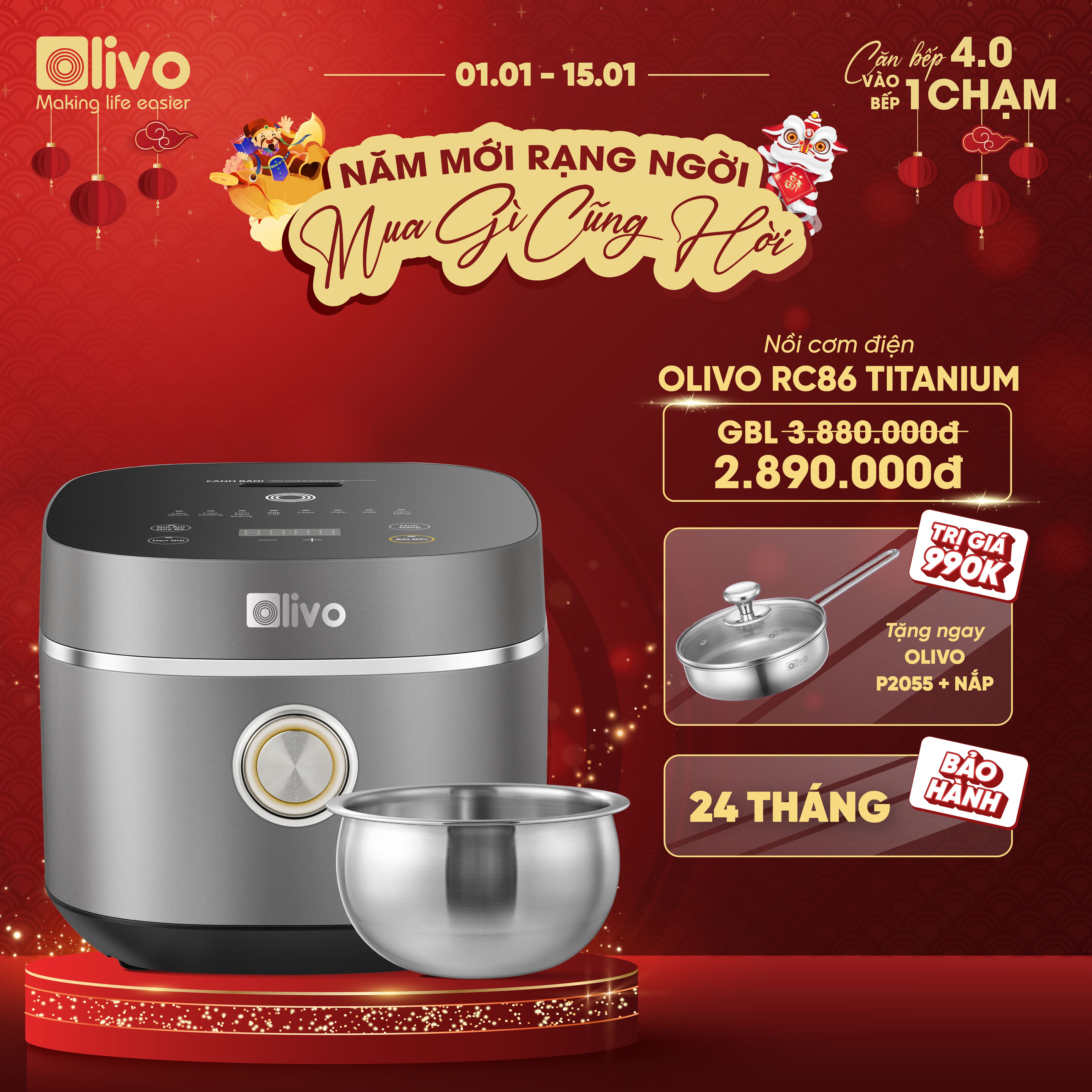 Nồi Cơm Điện OLIVO RC86 Titanium - Lòng Nồi INOX 304 Chống Dính Tự Nhiên, Nấu Cơm Ngon, Thiết Kế Tinh Tế, Sang Trọng