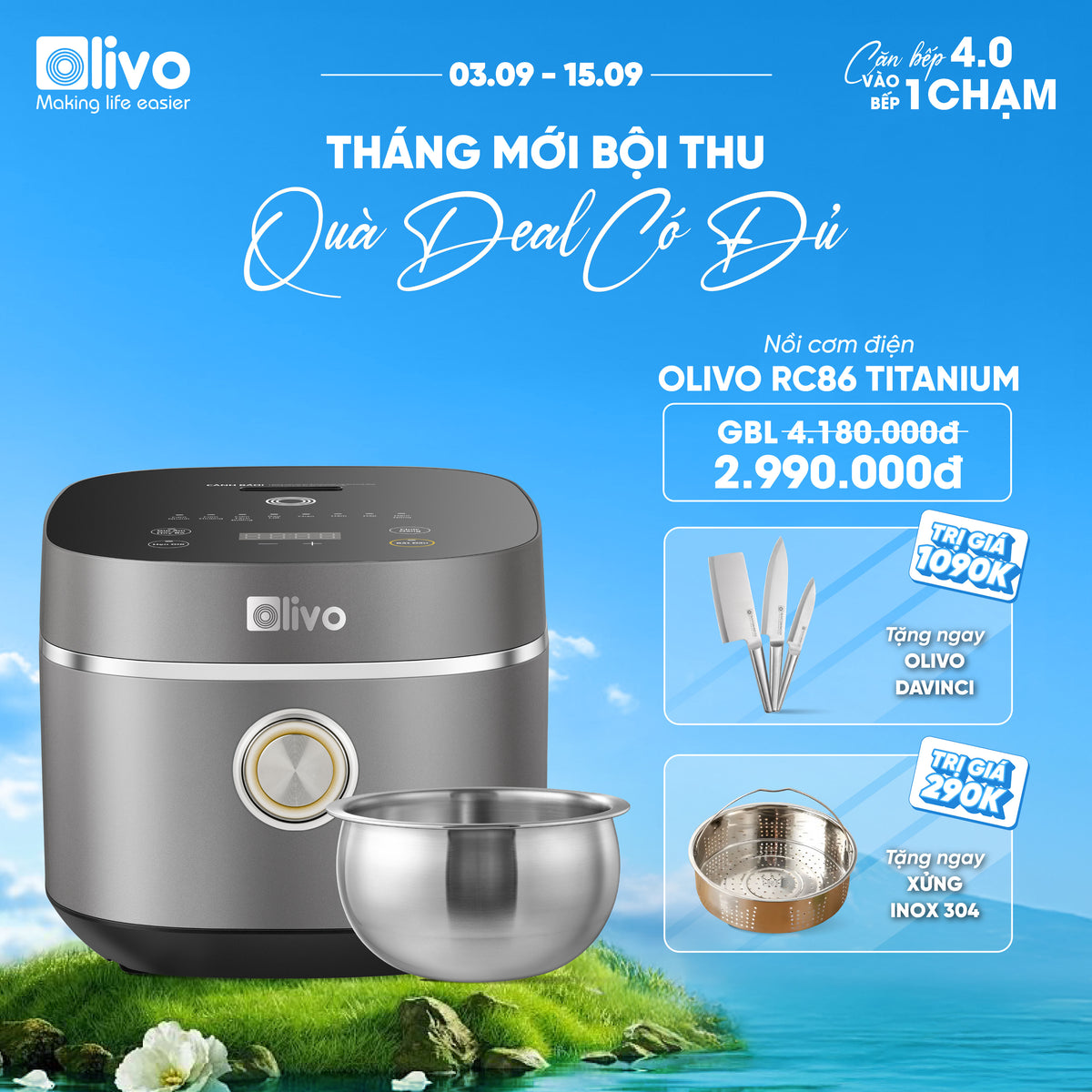 Nồi Cơm Điện OLIVO RC86 Titanium - Lòng Nồi INOX 304 Chống Dính Tự Nhiên, Nấu Cơm Ngon, Thiết Kế Tinh Tế, Sang Trọng