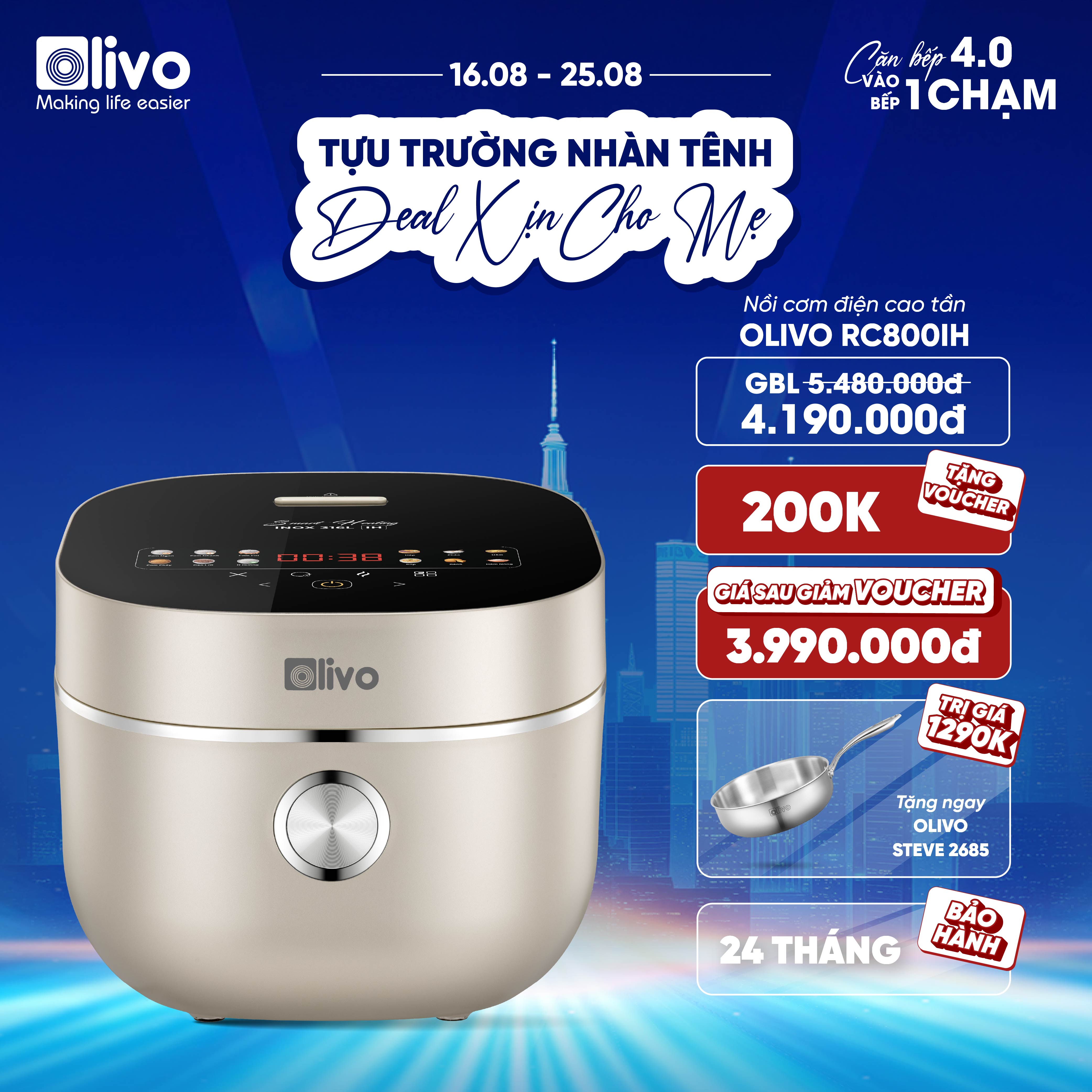 Nồi Cơm Điện Cao Tần OLIVO RC800IH - Công Nghệ Nấu Cao Tần Smart Heating, Lòng Nồi INOX 316L, 14 Chế Độ Cài Sẵn, Dung Tích 1.5L, Bảng Điều Khiển OLED