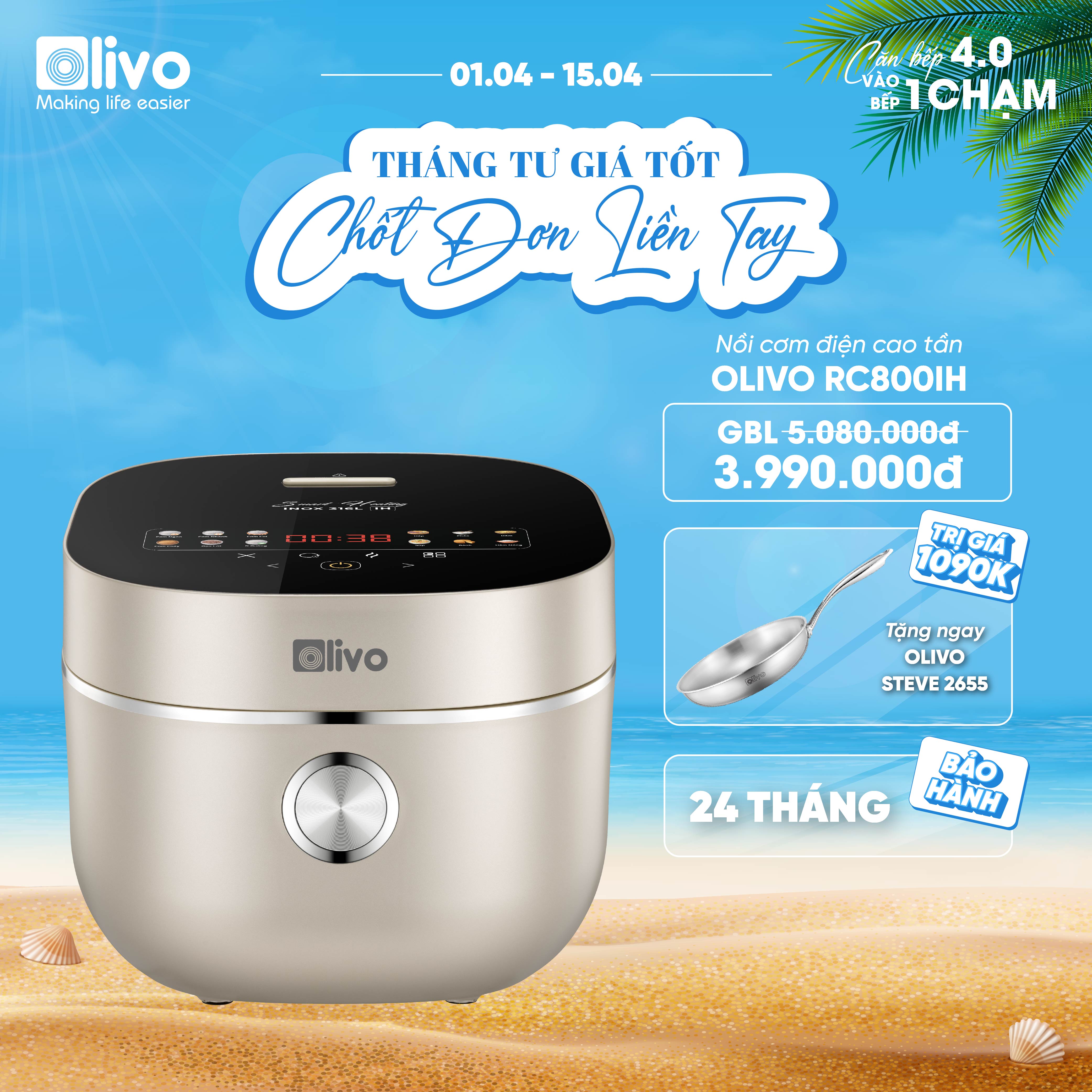 Nồi Cơm Điện Cao Tần OLIVO RC800IH - Công Nghệ Nấu Cao Tần Smart Heating, Lòng Nồi INOX 316L, 14 Chế Độ Cài Sẵn, Dung Tích 1.5L, Bảng Điều Khiển OLED