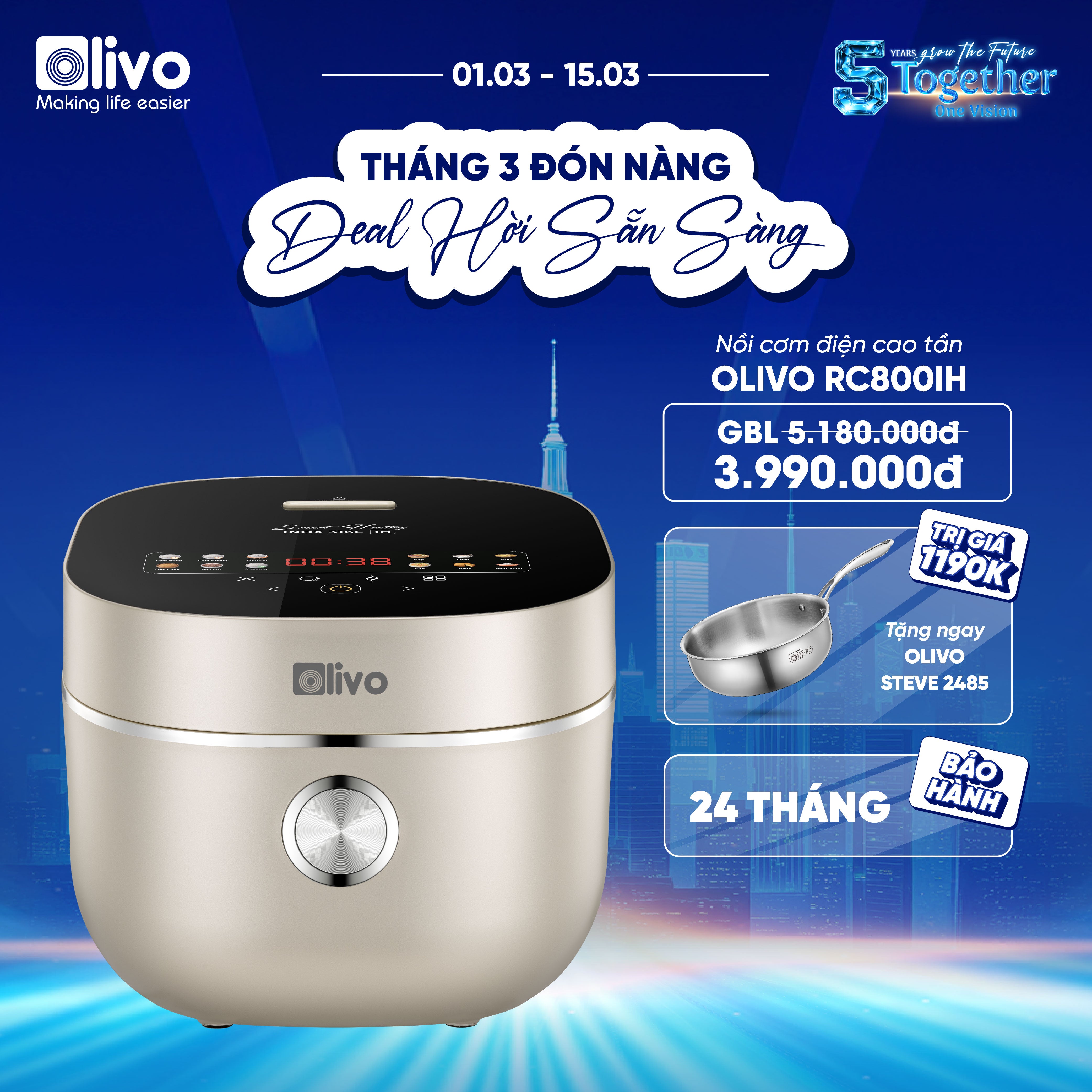 Nồi Cơm Điện Cao Tần OLIVO RC800IH - Công Nghệ Nấu Cao Tần Smart Heating, Lòng Nồi INOX 316L, 14 Chế Độ Cài Sẵn, Dung Tích 1.5L, Bảng Điều Khiển OLED