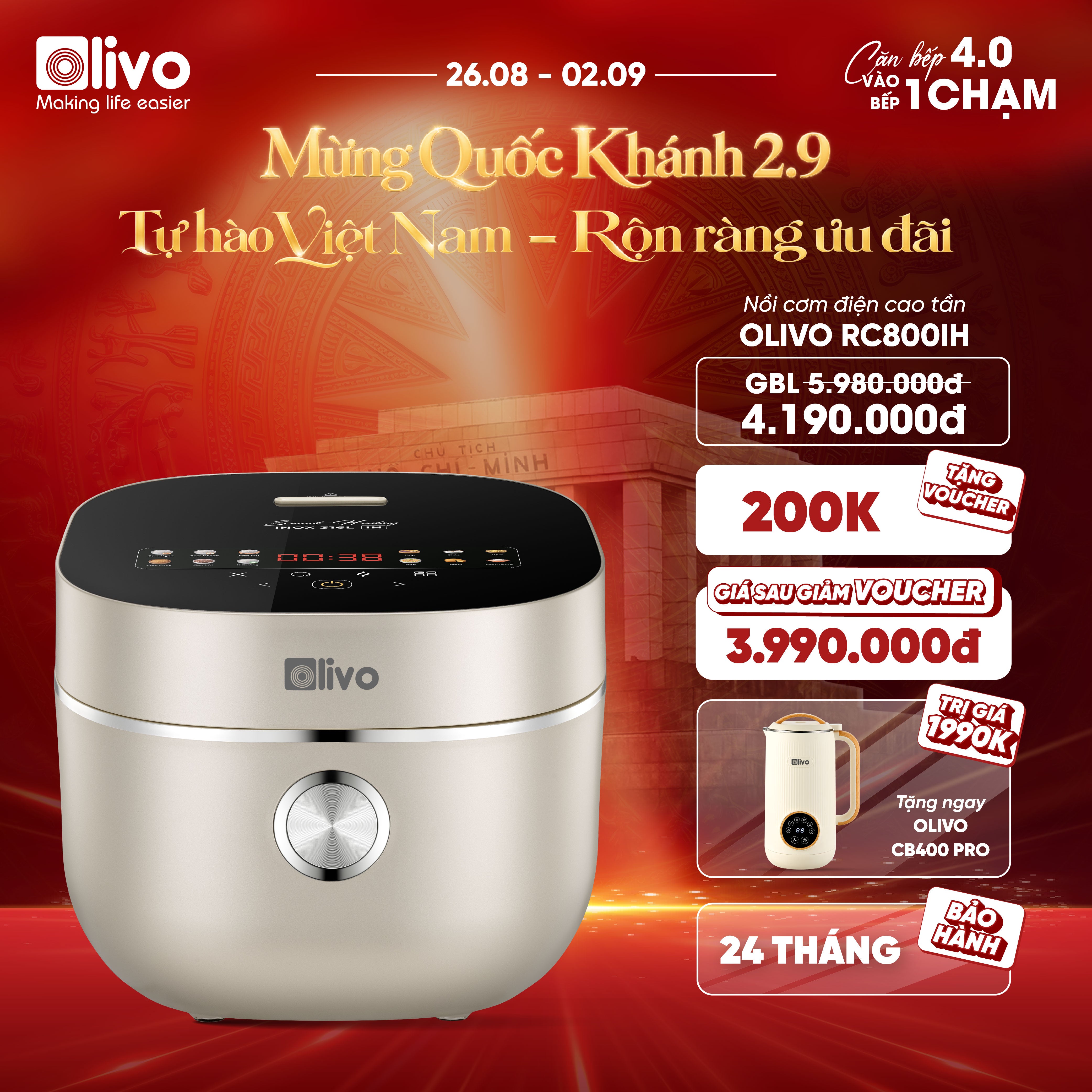 Nồi Cơm Điện Cao Tần OLIVO RC800IH - Công Nghệ Nấu Cao Tần Smart Heating, Lòng Nồi INOX 316L, 14 Chế Độ Cài Sẵn, Dung Tích 1.5L, Bảng Điều Khiển OLED