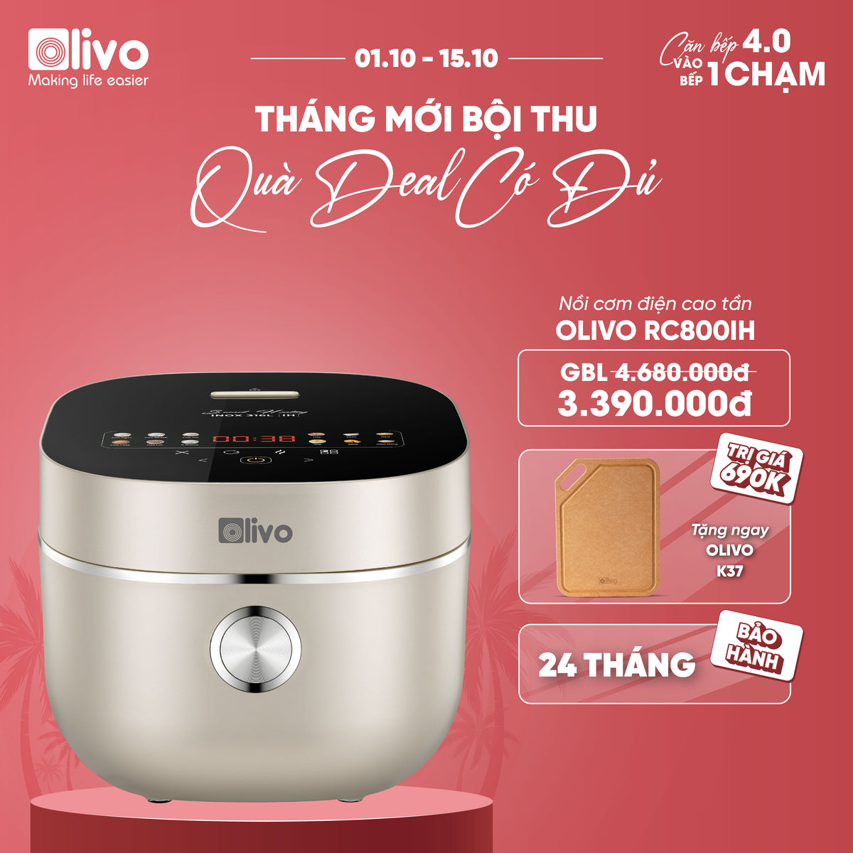 Nồi Cơm Điện Cao Tần OLIVO RC800IH - Công Nghệ Nấu Cao Tần Smart Heating, Lòng Nồi INOX 316L, 14 Chế Độ Cài Sẵn, Dung Tích 1.5L, Bảng Điều Khiển OLED