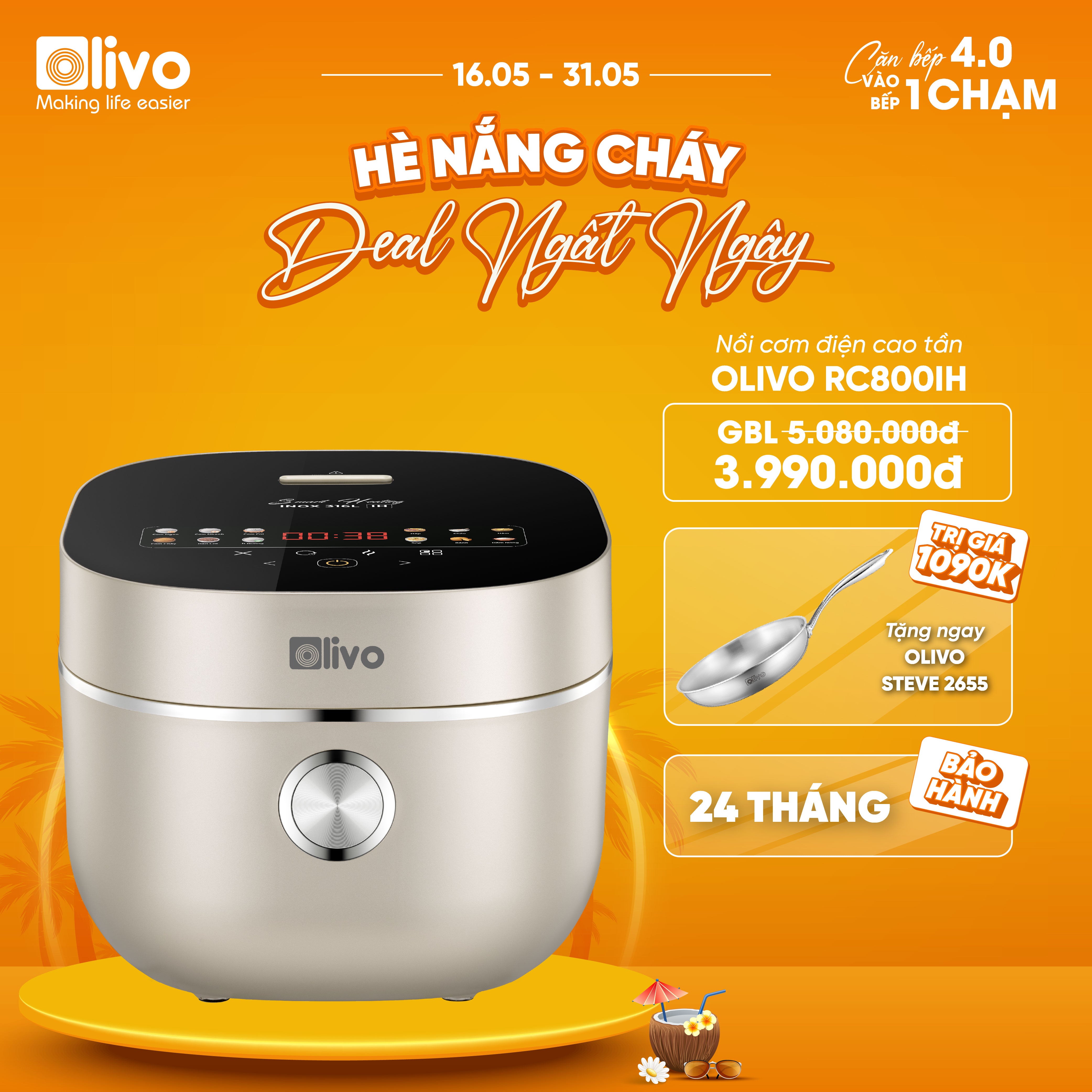 Nồi Cơm Điện Cao Tần OLIVO RC800IH - Công Nghệ Nấu Cao Tần Smart Heating, Lòng Nồi INOX 316L, 14 Chế Độ Cài Sẵn, Dung Tích 1.5L, Bảng Điều Khiển OLED
