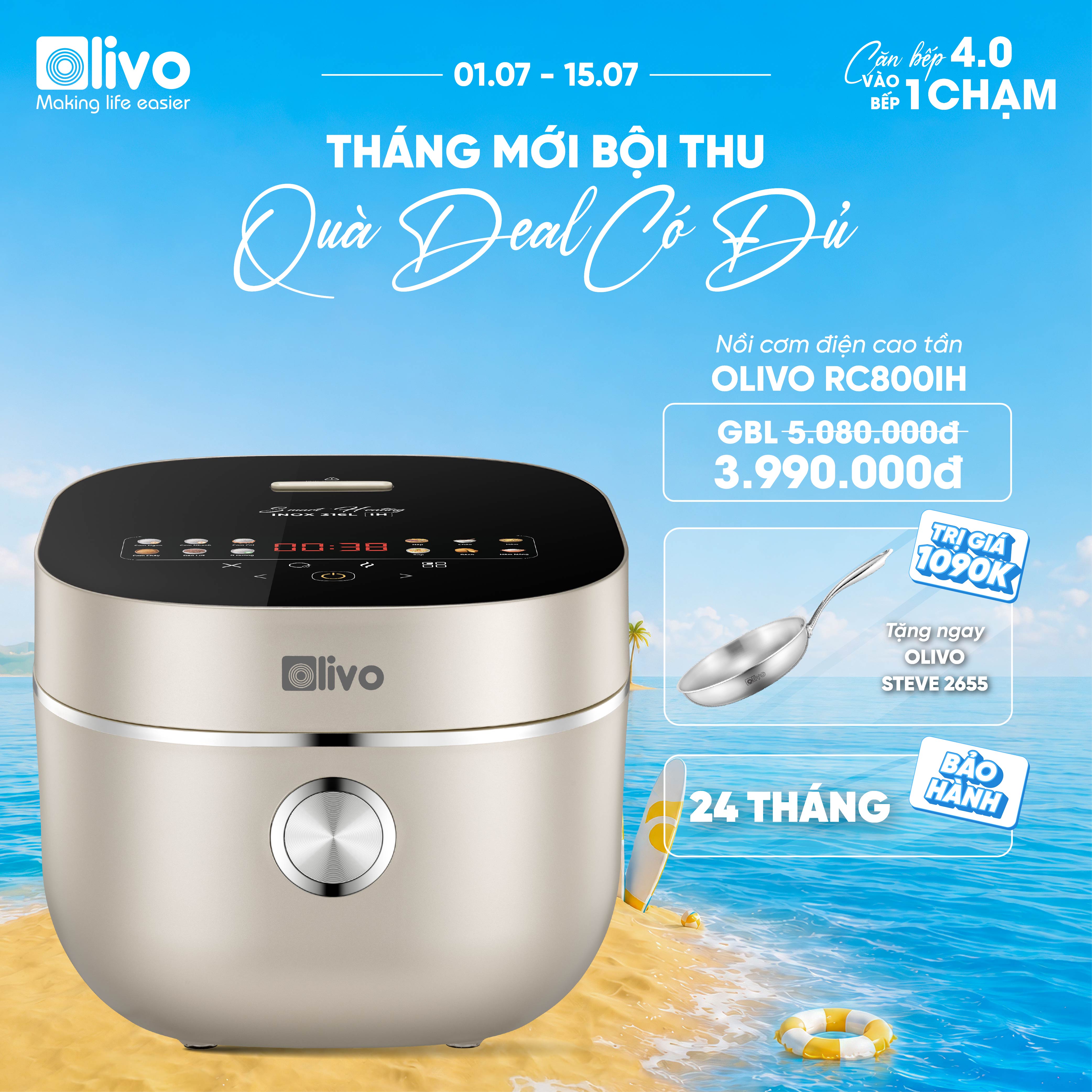 Nồi Cơm Điện Cao Tần OLIVO RC800IH - Công Nghệ Nấu Cao Tần Smart Heating, Lòng Nồi INOX 316L, 14 Chế Độ Cài Sẵn, Dung Tích 1.5L, Bảng Điều Khiển OLED