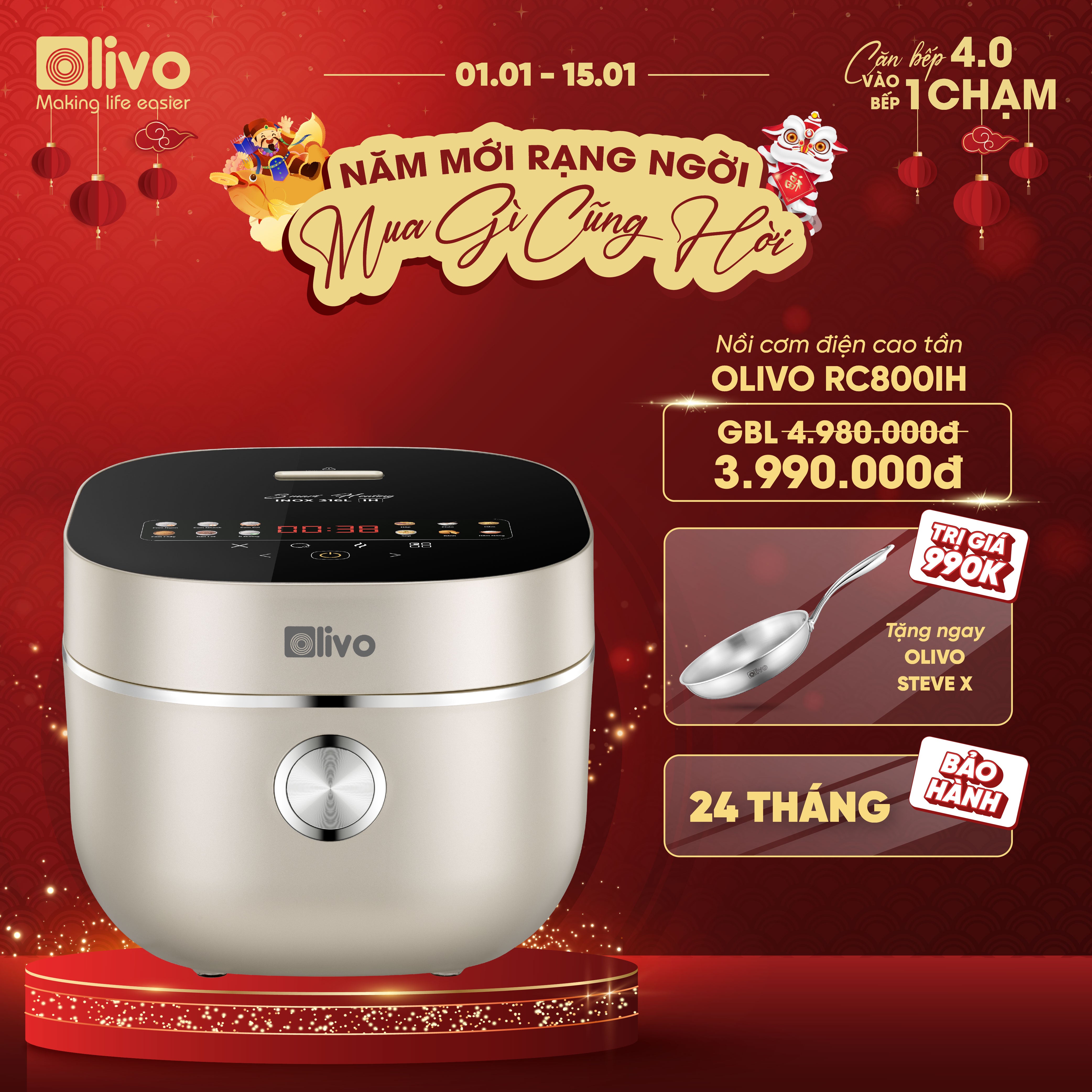 Nồi Cơm Điện Cao Tần OLIVO RC800IH - Công Nghệ Nấu Cao Tần Smart Heating, Lòng Nồi INOX 316L, 14 Chế Độ Cài Sẵn, Dung Tích 1.5L, Bảng Điều Khiển OLED