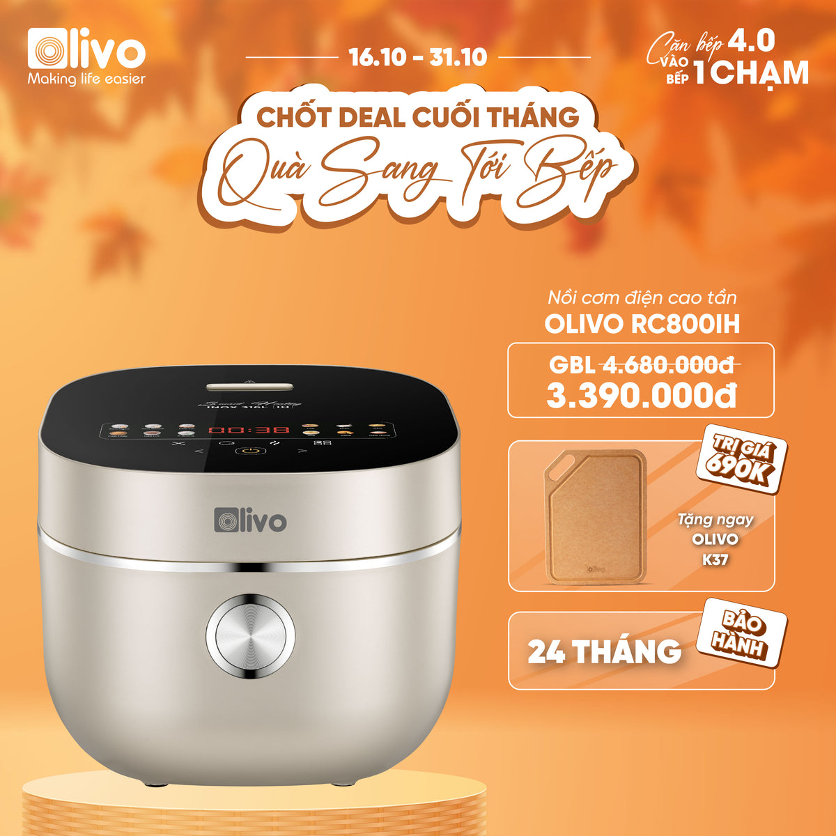 Nồi Cơm Điện Cao Tần OLIVO RC800IH - Công Nghệ Nấu Cao Tần Smart Heating, Lòng Nồi INOX 316L, 14 Chế Độ Cài Sẵn, Dung Tích 1.5L, Bảng Điều Khiển OLED