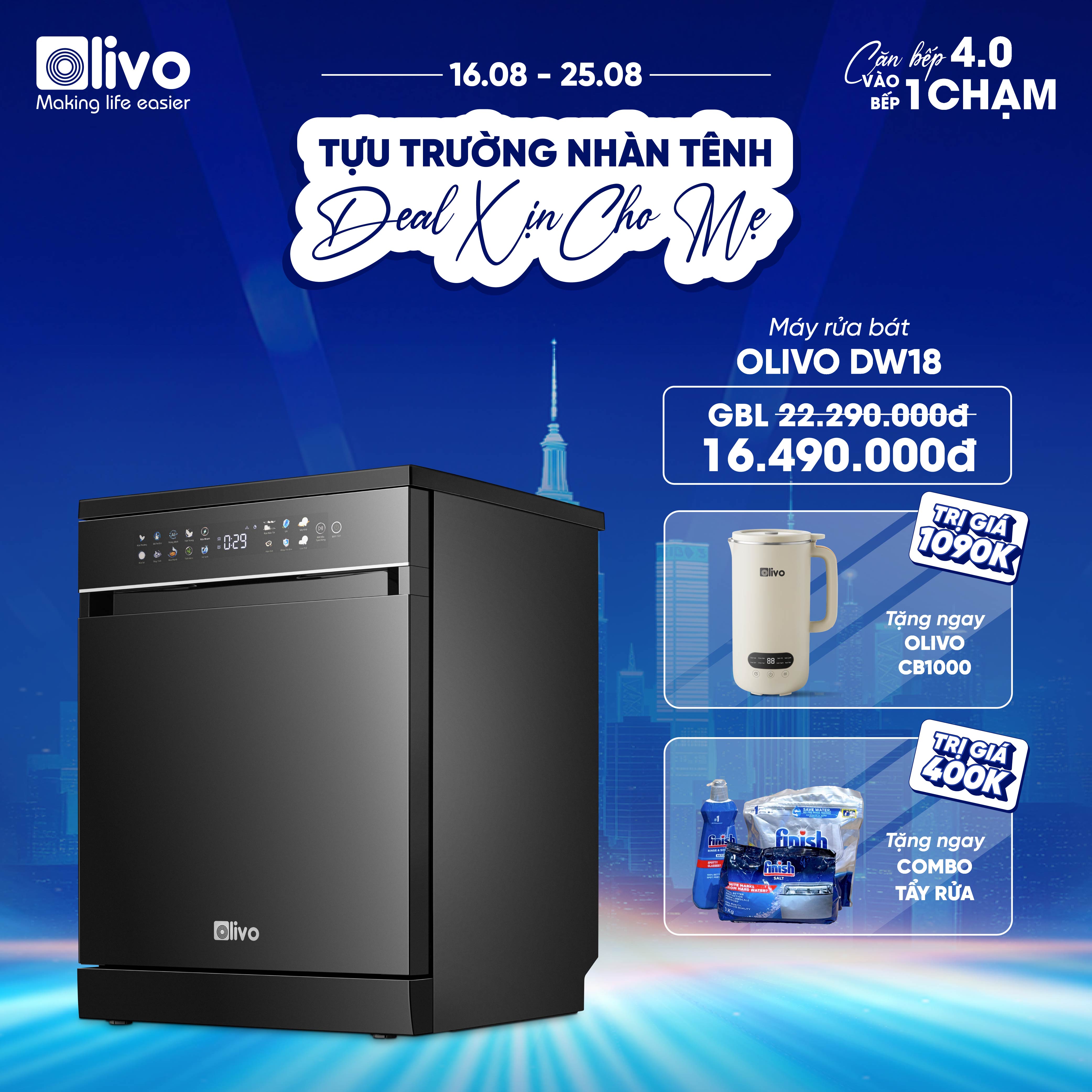 Máy Rửa Bát OLIVO DW18 - 3 Giỏ Linh Hoạt - Tải Trọng 18 Bộ Bát Đĩa - Sấy Turbo EcoDry - Rửa Hydro360 Wash -16 Chương Trình - Khử Khuẩn UV