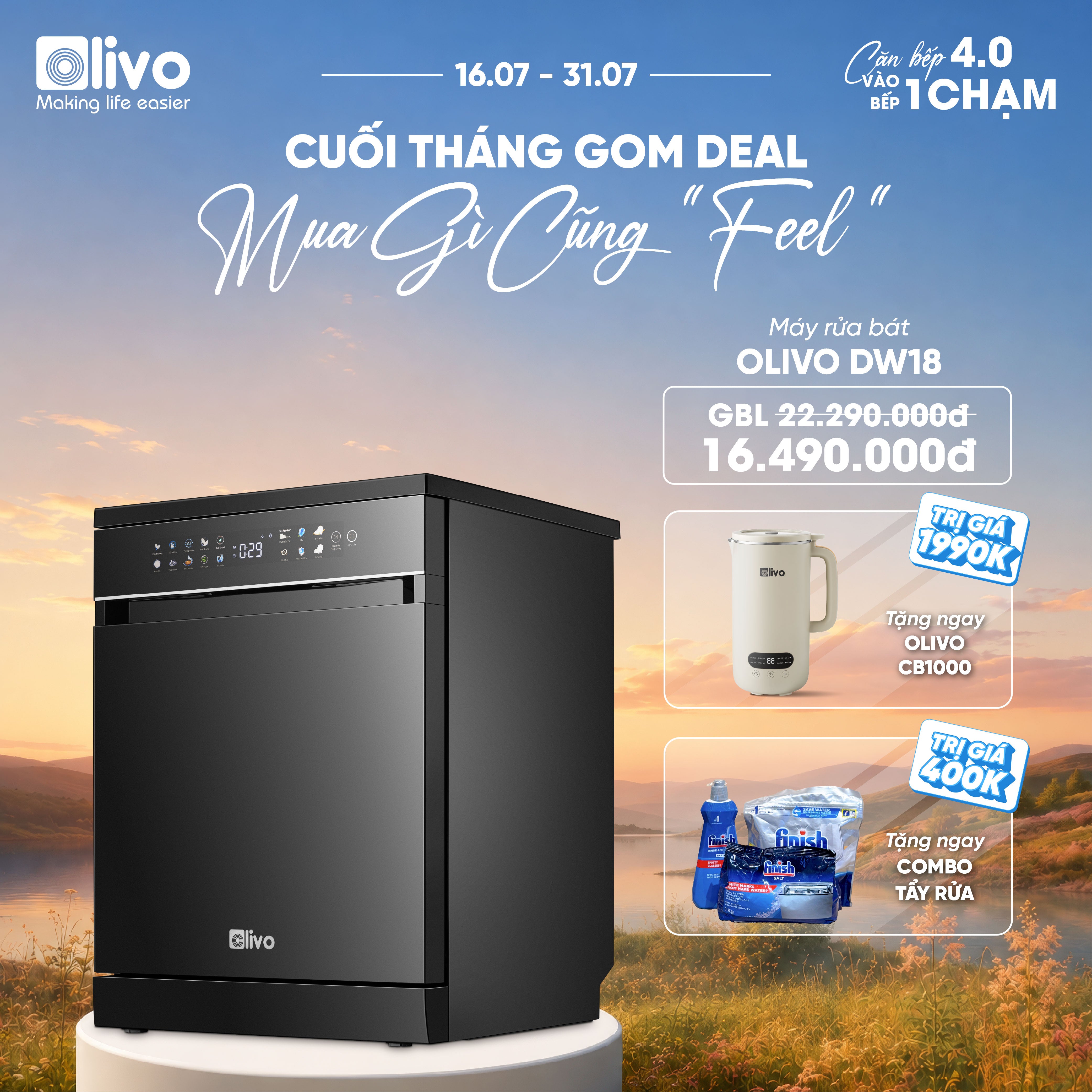 Máy Rửa Bát OLIVO DW18 - 3 Giỏ Linh Hoạt - Tải Trọng 18 Bộ Bát Đĩa - Sấy Turbo EcoDry - Rửa Hydro360 Wash -16 Chương Trình - Khử Khuẩn UV