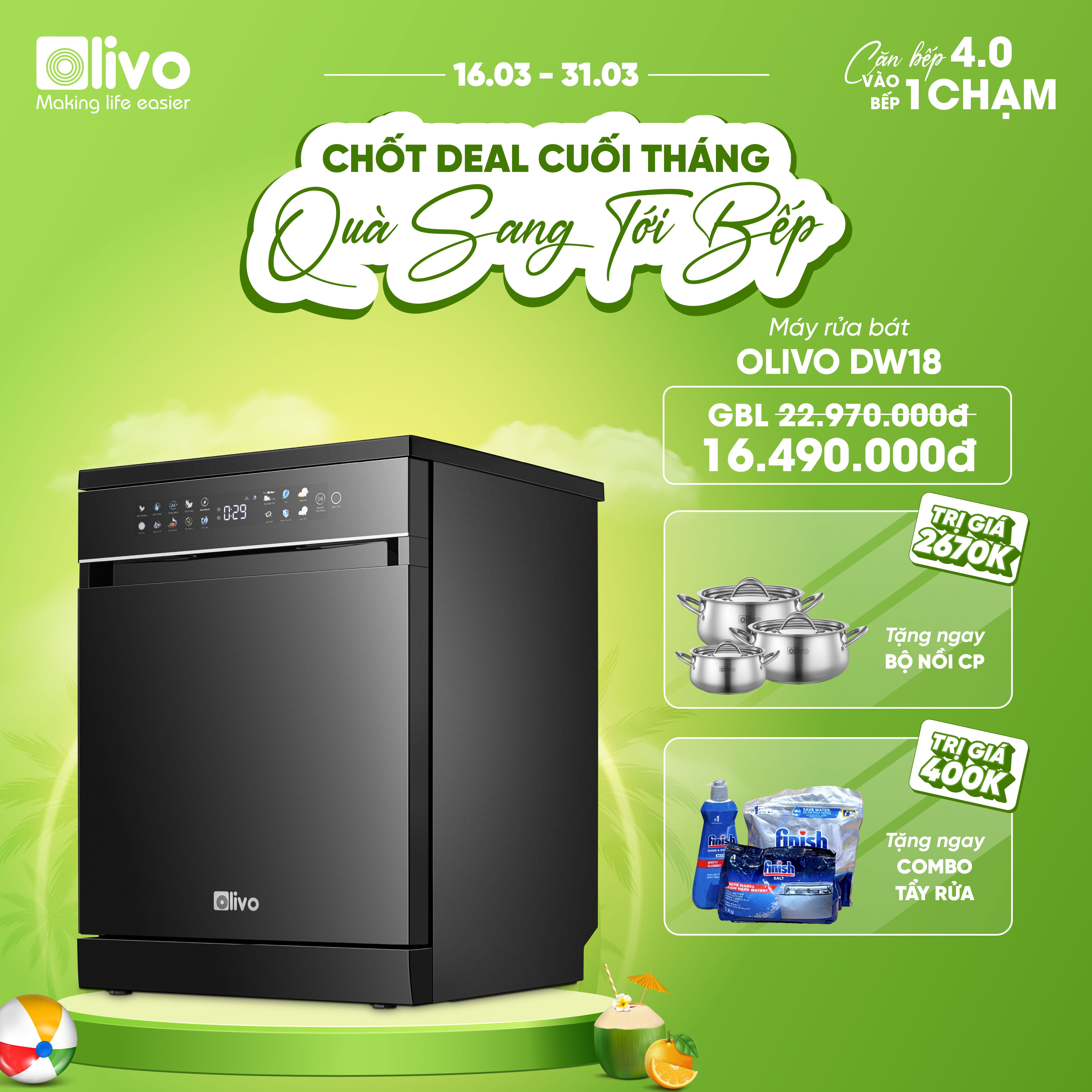 Máy Rửa Bát OLIVO DW18 - 3 Giỏ Linh Hoạt - Tải Trọng 18 Bộ Bát Đĩa - Sấy Turbo EcoDry - Rửa Hydro360 Wash -16 Chương Trình - Khử Khuẩn UV