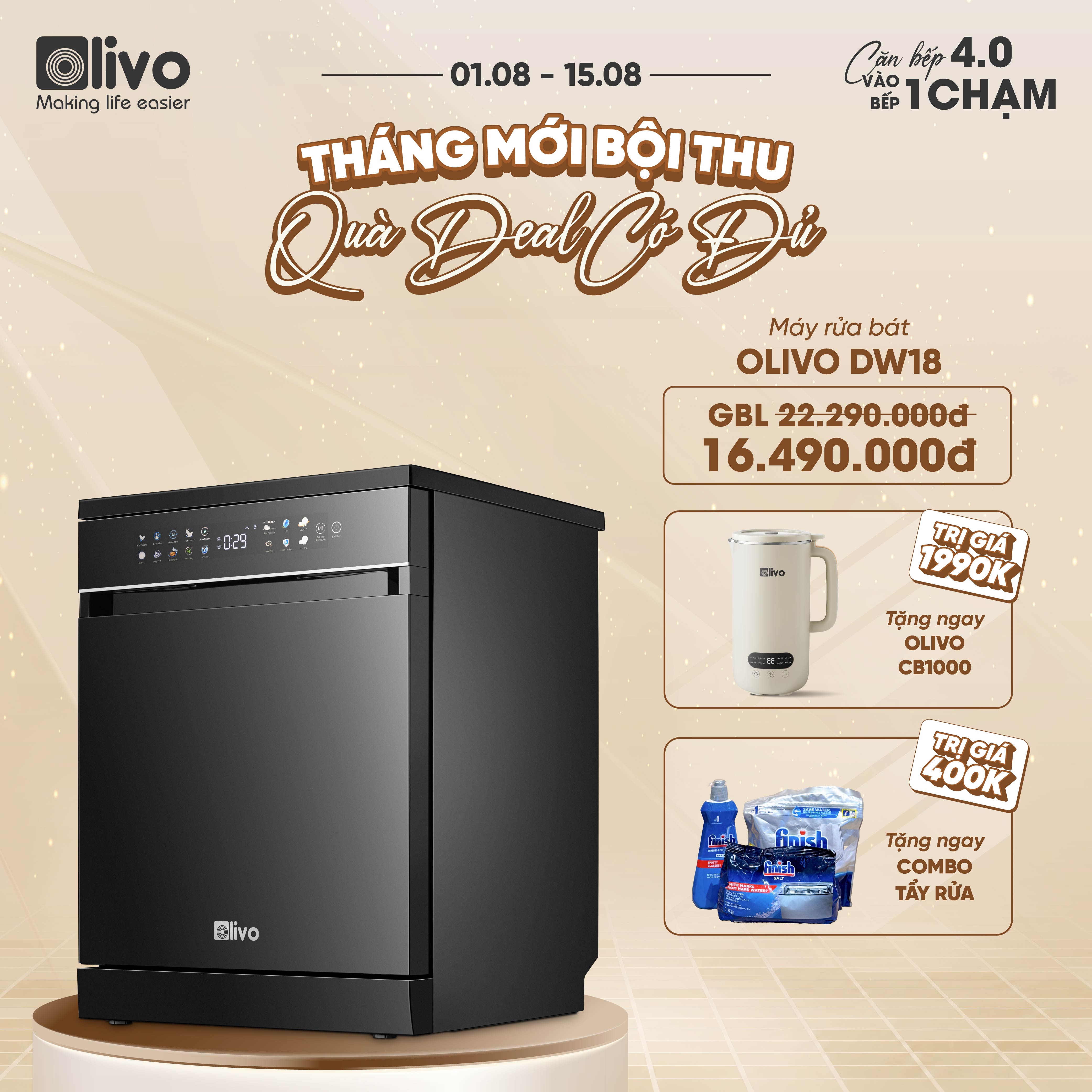 Máy Rửa Bát OLIVO DW18 - 3 Giỏ Linh Hoạt - Tải Trọng 18 Bộ Bát Đĩa - Sấy Turbo EcoDry - Rửa Hydro360 Wash -16 Chương Trình - Khử Khuẩn UV