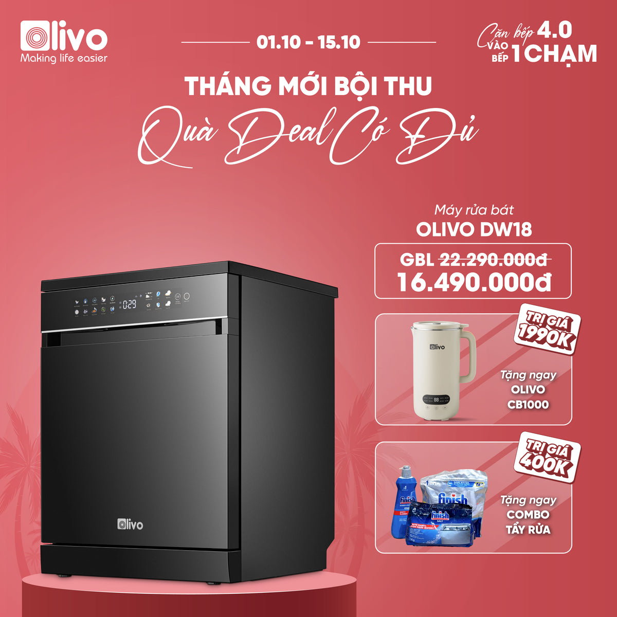 Máy Rửa Bát OLIVO DW18 - 3 Giỏ Linh Hoạt - Tải Trọng 18 Bộ Bát Đĩa - Sấy Turbo EcoDry - Rửa Hydro360 Wash -16 Chương Trình - Khử Khuẩn UV