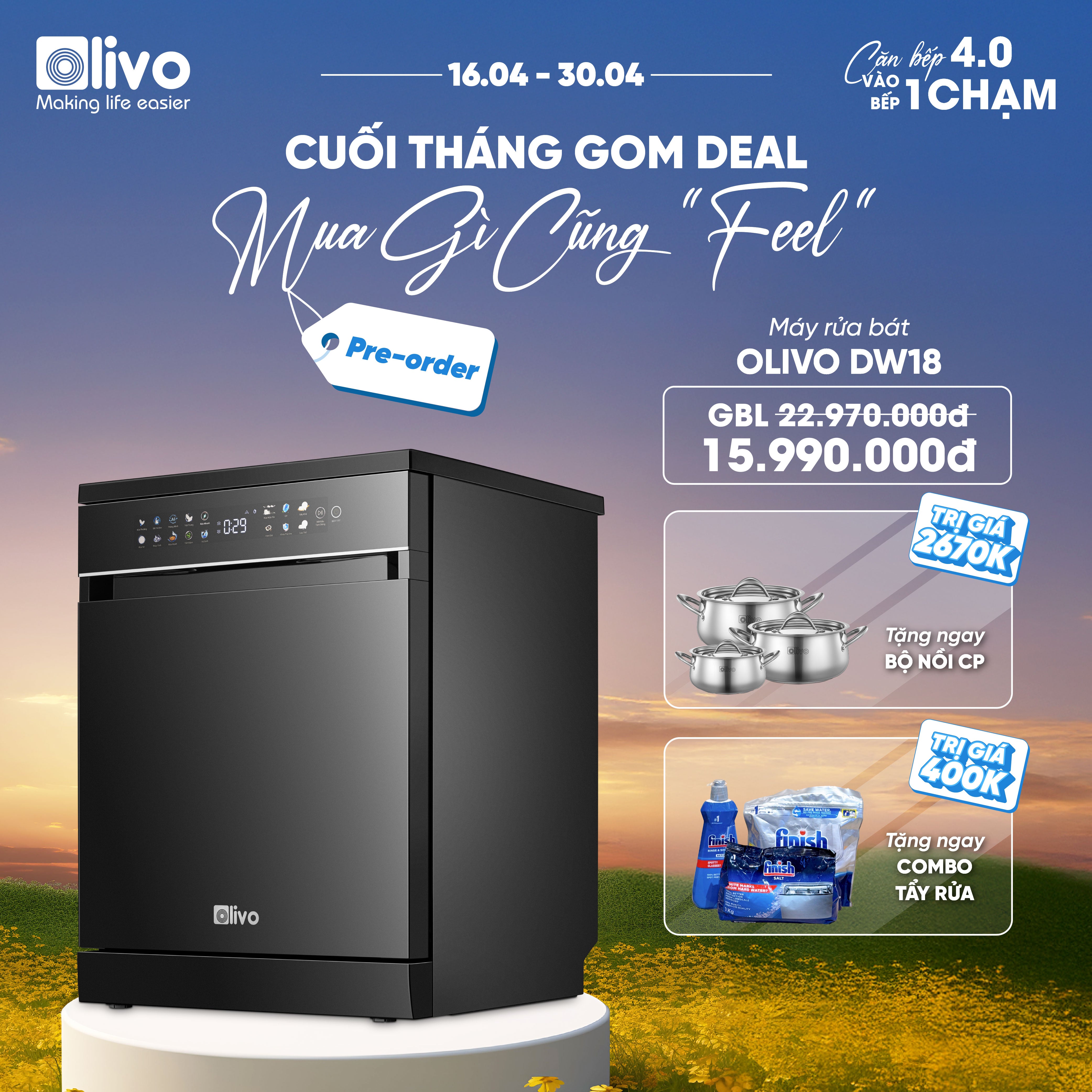 Máy Rửa Bát OLIVO DW18 - 3 Giỏ Linh Hoạt - Tải Trọng 18 Bộ Bát Đĩa - Sấy Turbo EcoDry - Rửa Hydro360 Wash -16 Chương Trình - Khử Khuẩn UV