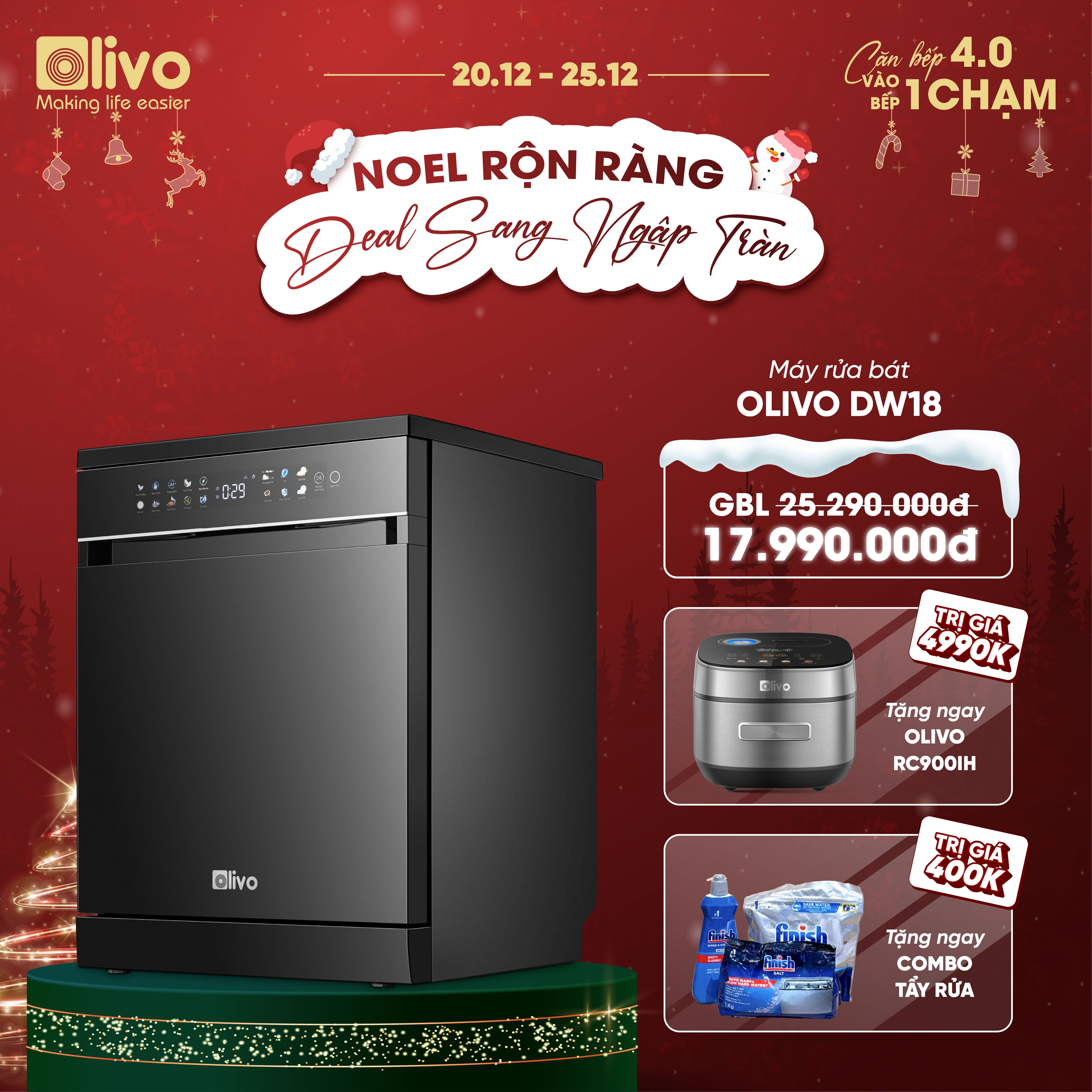 Máy Rửa Bát OLIVO DW18 - 3 Giỏ Linh Hoạt - Tải Trọng 18 Bộ Bát Đĩa - Sấy Turbo EcoDry - Rửa Hydro360 Wash -16 Chương Trình - Khử Khuẩn UV