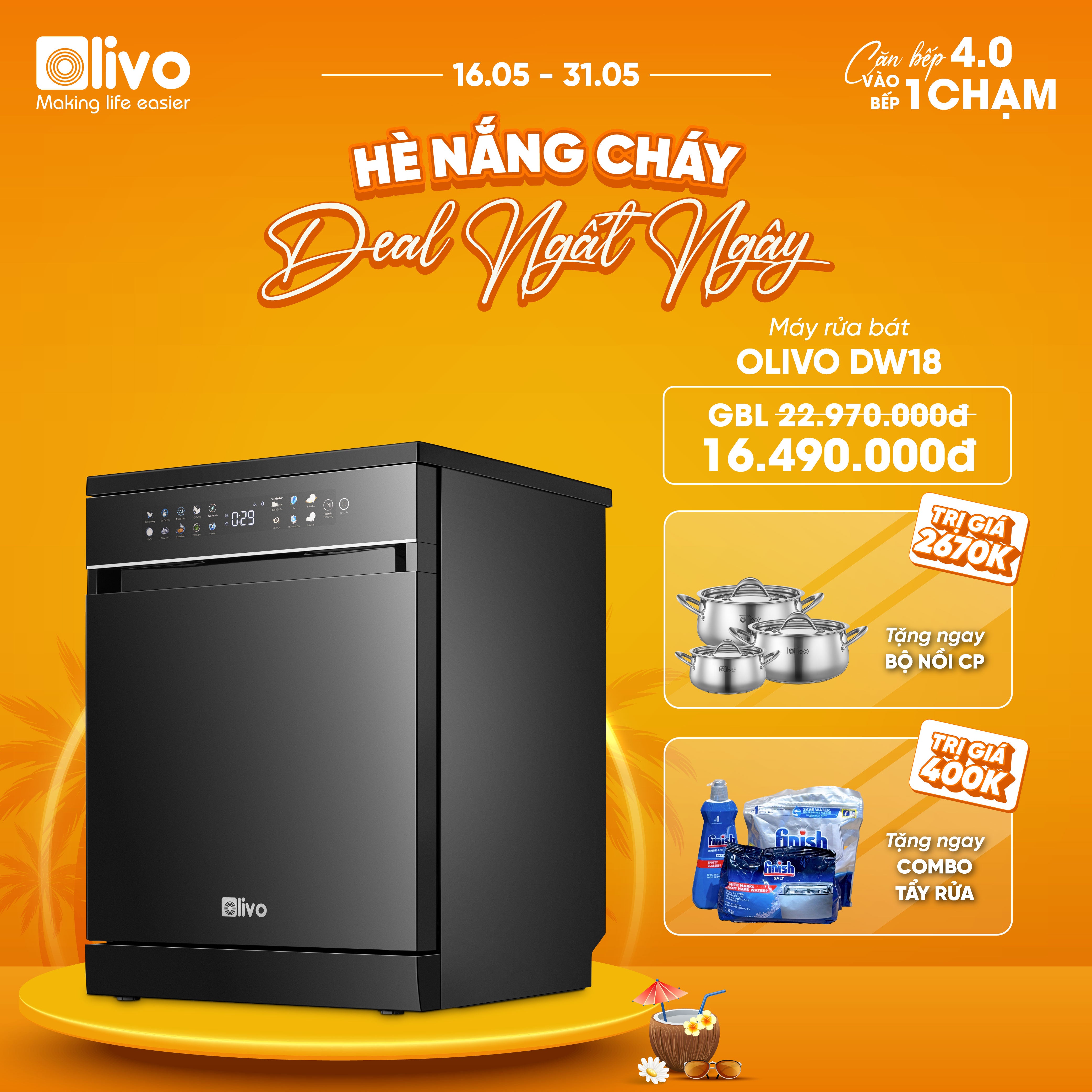 Máy Rửa Bát OLIVO DW18 - 3 Giỏ Linh Hoạt - Tải Trọng 18 Bộ Bát Đĩa - Sấy Turbo EcoDry - Rửa Hydro360 Wash -16 Chương Trình - Khử Khuẩn UV