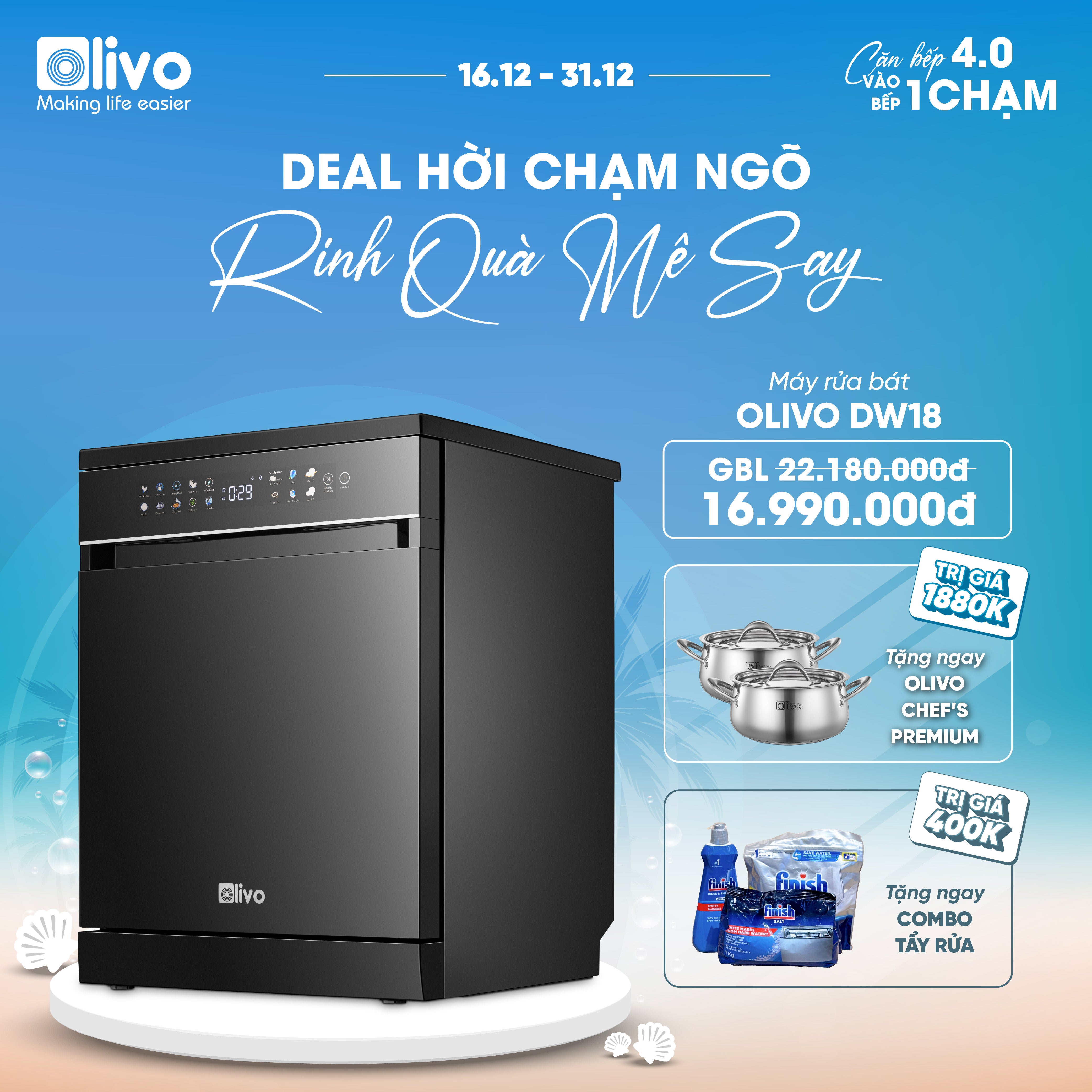 Máy Rửa Bát OLIVO DW18 - 3 Giỏ Linh Hoạt - Tải Trọng 18 Bộ Bát Đĩa - Sấy Turbo EcoDry - Rửa Hydro360 Wash -16 Chương Trình - Khử Khuẩn UV