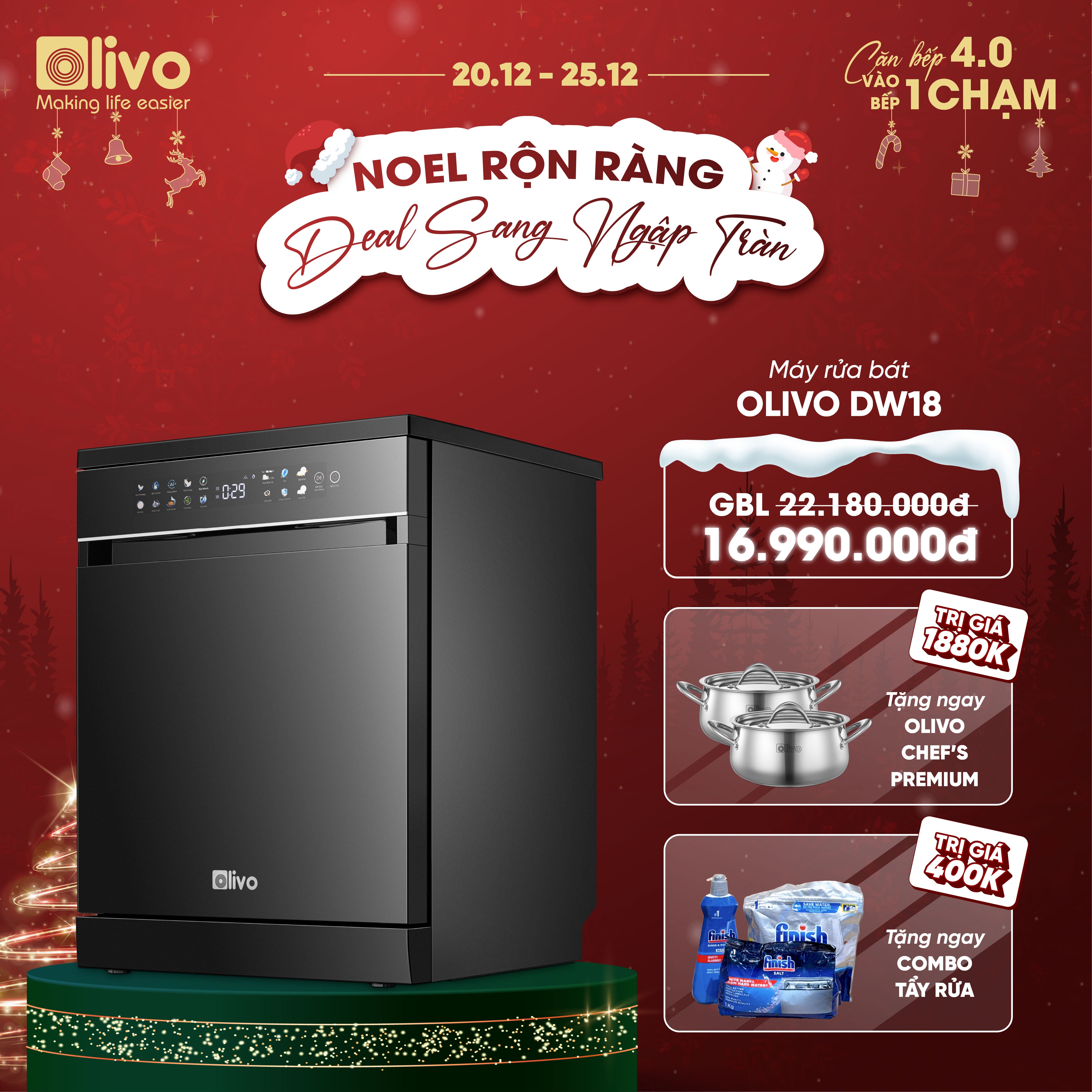 Máy Rửa Bát OLIVO DW18 - 3 Giỏ Linh Hoạt - Tải Trọng 18 Bộ Bát Đĩa - Sấy Turbo EcoDry - Rửa Hydro360 Wash -16 Chương Trình - Khử Khuẩn UV