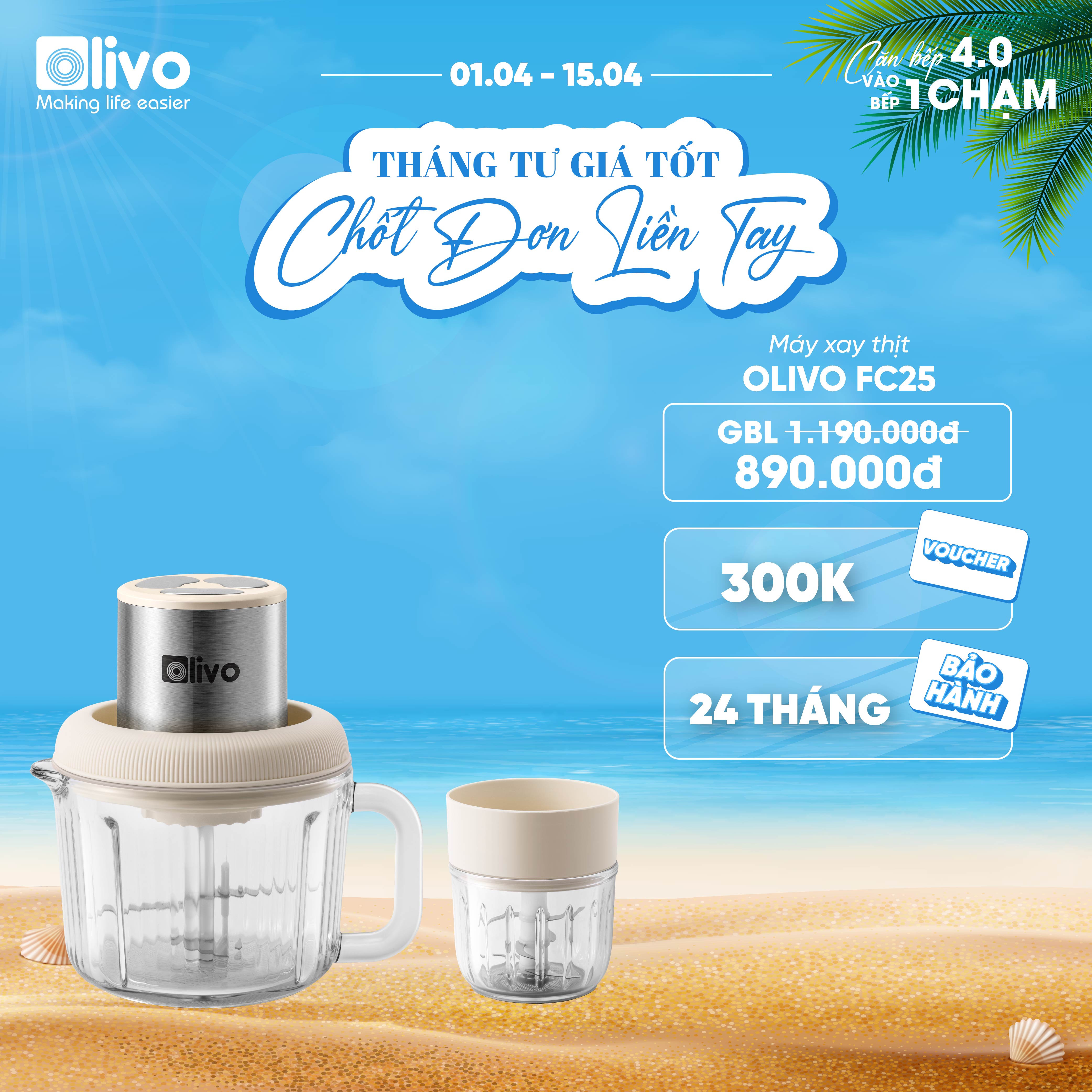 Máy Xay Thực Phẩm Đa Năng OLIVO FC25 - 2 Cối Xay - Dung Tích 2L Và 300ML - Công Suất 300W - 3 Chế Độ Xay