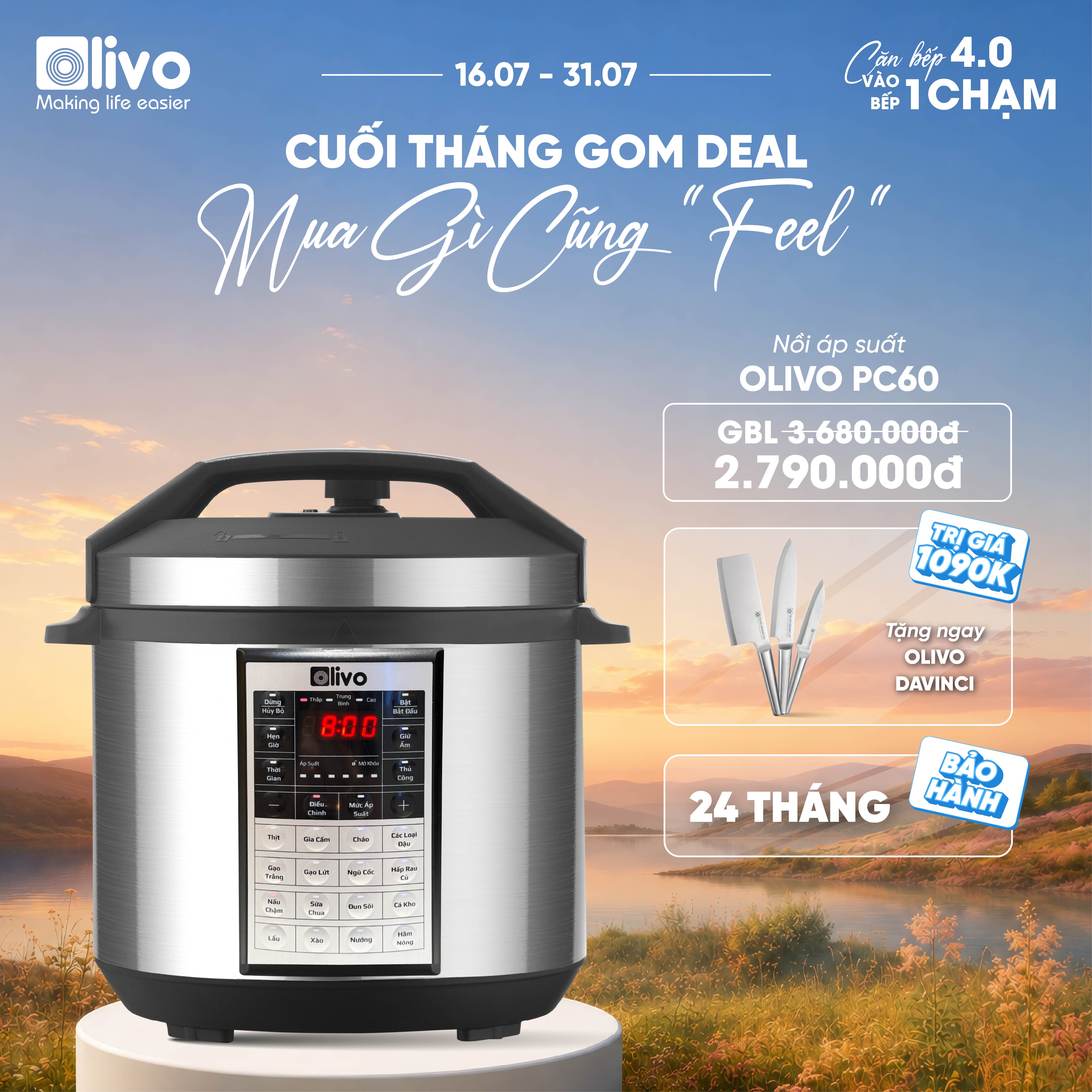 Nồi Áp Suất Điện Đa Năng OLIVO PC60 - 16 Chức Năng - Dung Tích 6L - Công Suất 1000W