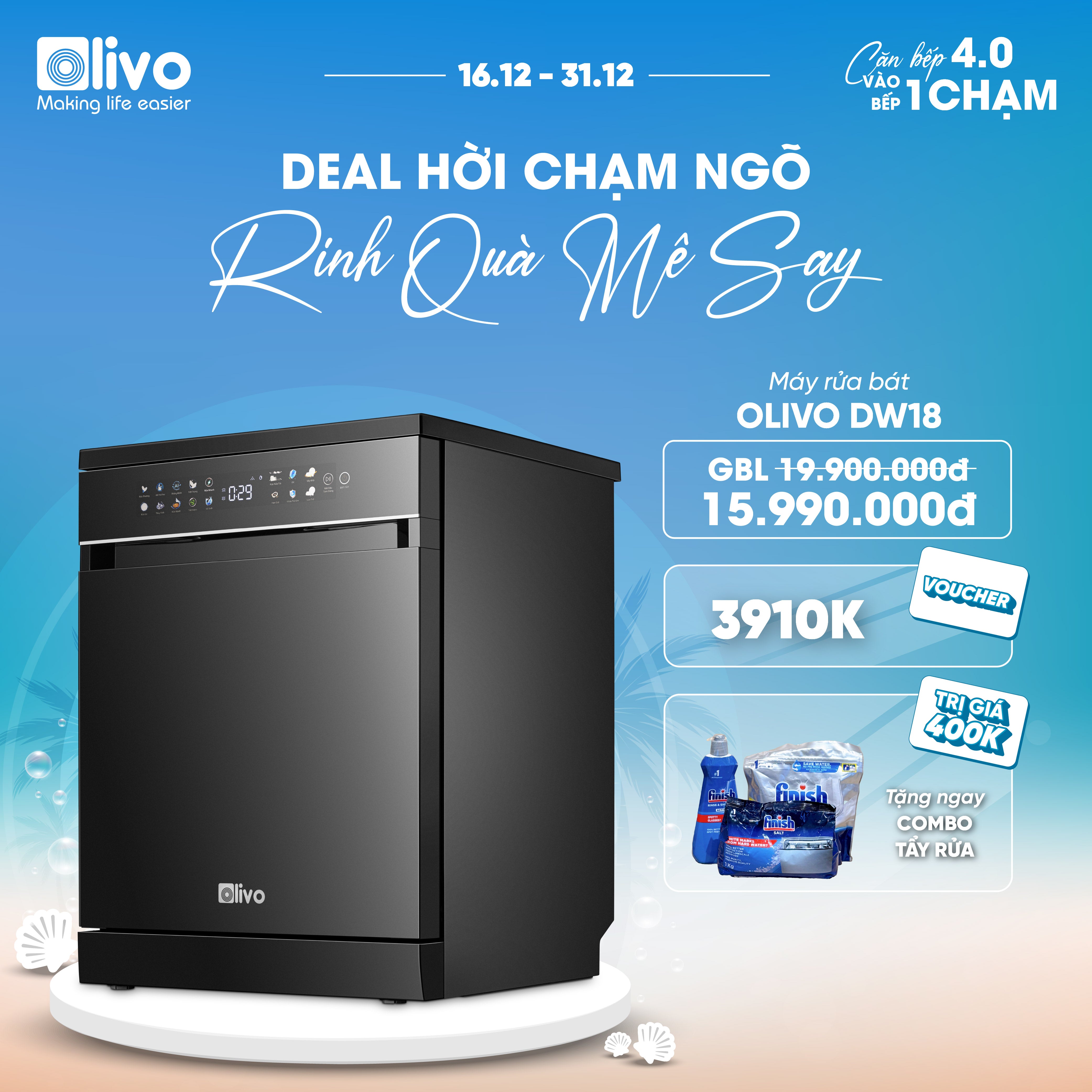 Máy Rửa Bát OLIVO DW18 - 3 Giỏ Linh Hoạt - Tải Trọng 18 Bộ Bát Đĩa - Sấy Turbo EcoDry - Rửa Hydro360 Wash -16 Chương Trình - Khử Khuẩn UV