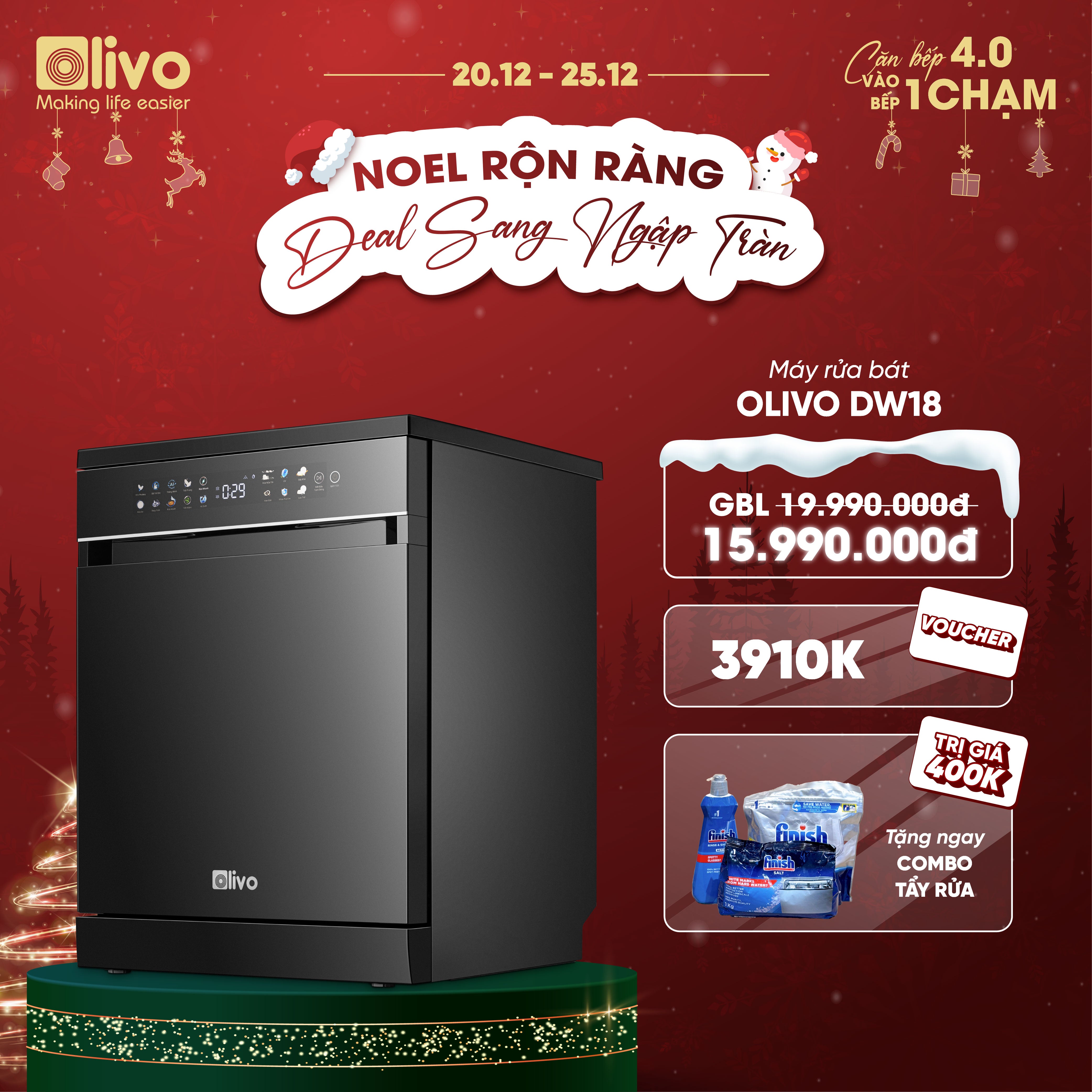 Máy Rửa Bát OLIVO DW18 - 3 Giỏ Linh Hoạt - Tải Trọng 18 Bộ Bát Đĩa - Sấy Turbo EcoDry - Rửa Hydro360 Wash -16 Chương Trình - Khử Khuẩn UV