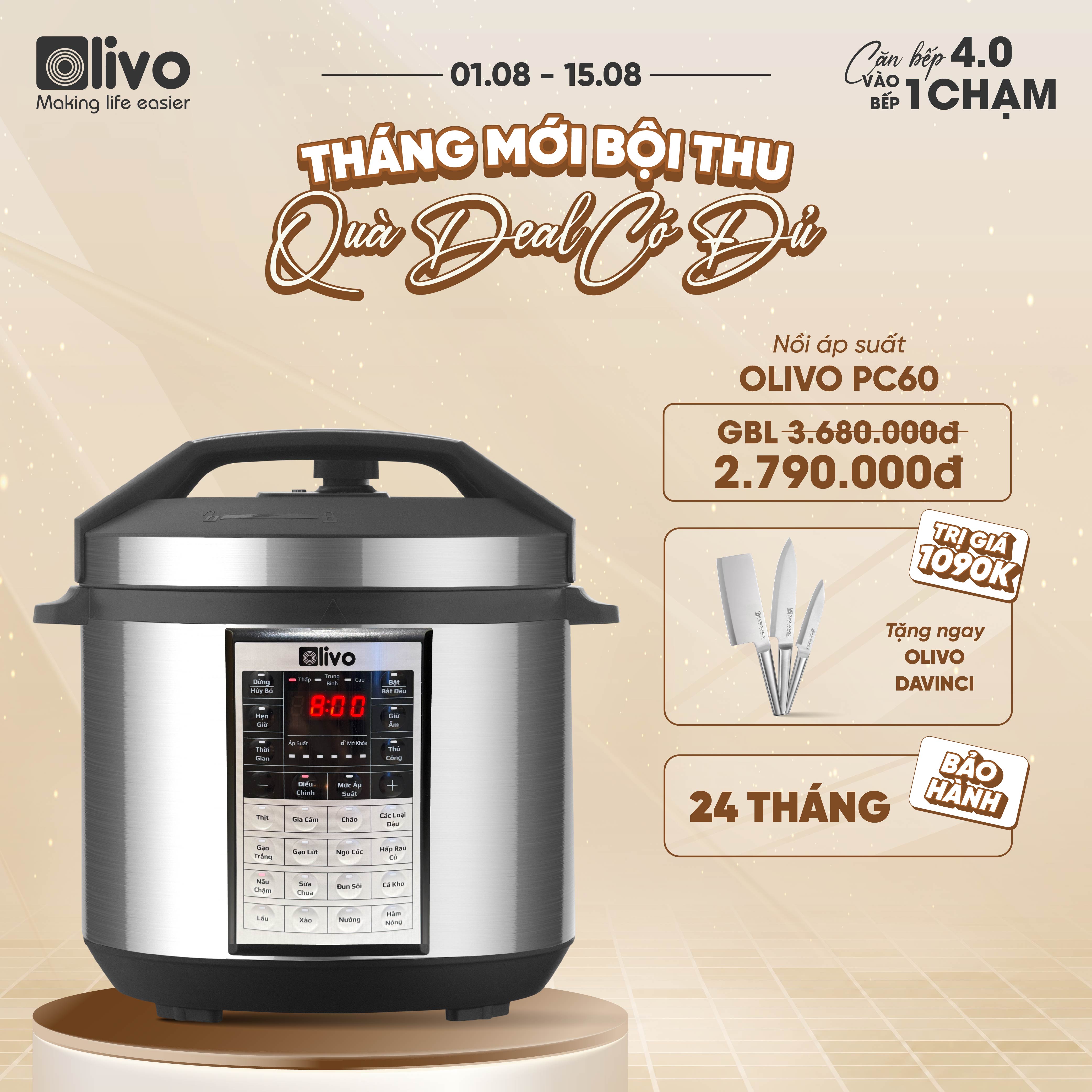 Nồi Áp Suất Điện Đa Năng OLIVO PC60 - 16 Chức Năng - Dung Tích 6L - Công Suất 1000W
