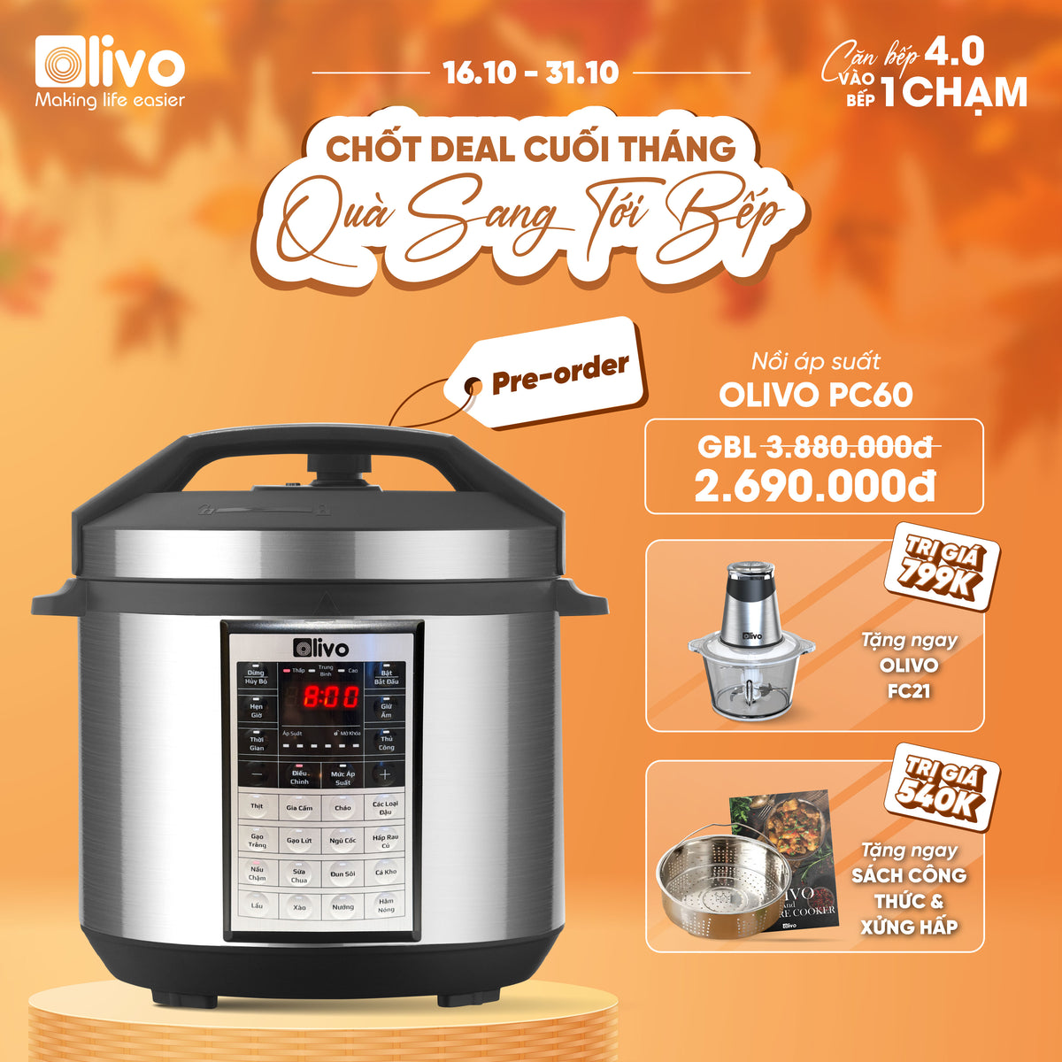 Nồi Áp Suất Điện Đa Năng OLIVO PC60 - 16 Chức Năng - Dung Tích 6L - Công Suất 1000W