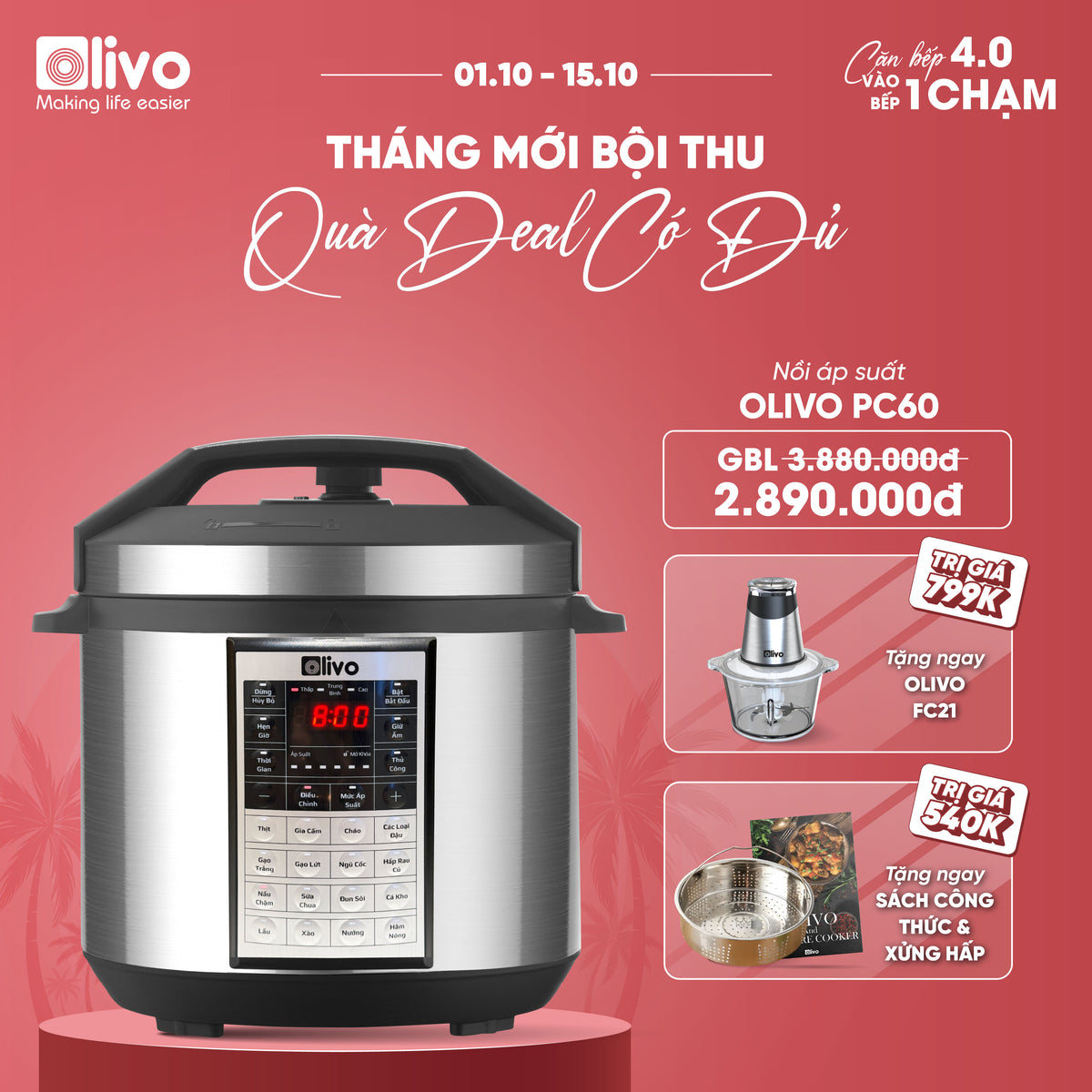 Nồi Áp Suất Điện Đa Năng OLIVO PC60 - 16 Chức Năng - Dung Tích 6L - Công Suất 1000W