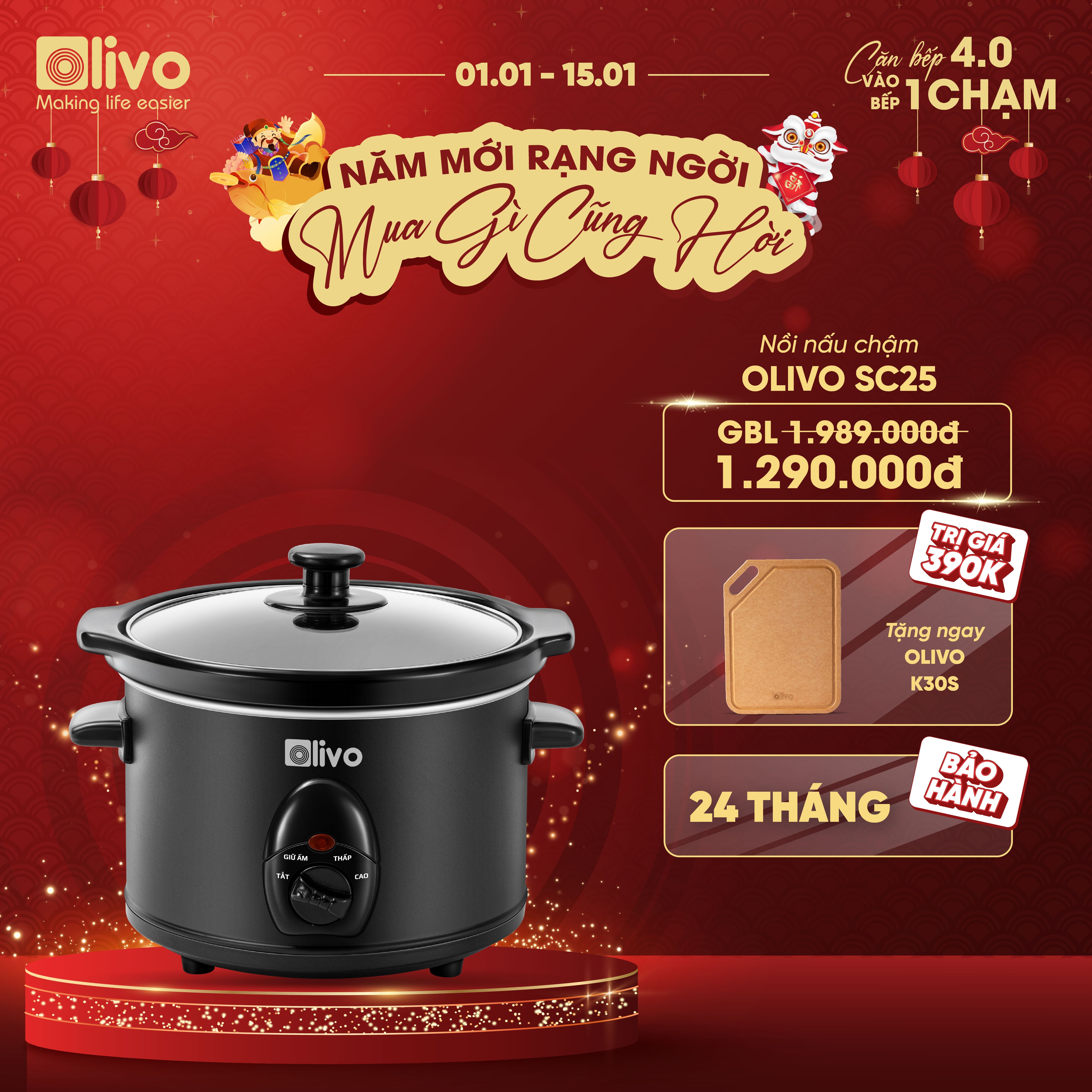 Nồi Nấu Chậm OLIVO SC25/SC30 - 3 Mức Nhiệt Cài Sẵn - Điều Khiển Núm Xoay - Lòng Gốm Tráng Men - Nắp Kính Cường Lực - Dung tích 2.5L/3L