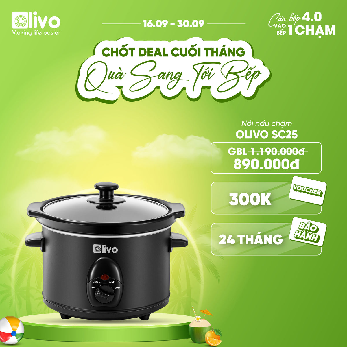 Nồi Nấu Chậm OLIVO SC25/SC30 - 3 Mức Nhiệt Cài Sẵn - Điều Khiển Núm Xoay - Lòng Gốm Tráng Men - Nắp Kính Cường Lực - Dung tích 2.5L/3L