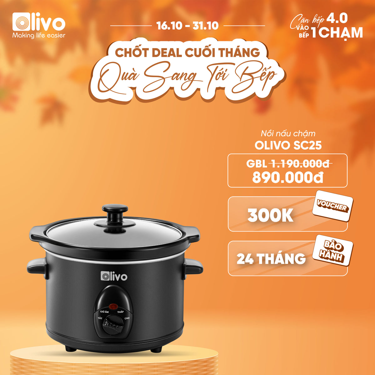 Nồi Nấu Chậm OLIVO SC25/SC30 - 3 Mức Nhiệt Cài Sẵn - Điều Khiển Núm Xoay - Lòng Gốm Tráng Men - Nắp Kính Cường Lực - Dung tích 2.5L/3L
