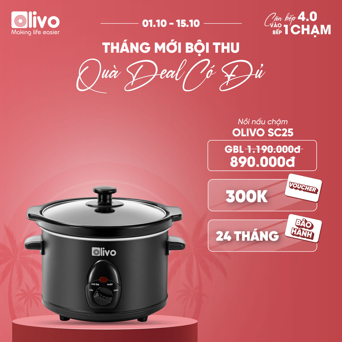 Nồi Nấu Chậm OLIVO SC25/SC30 - 3 Mức Nhiệt Cài Sẵn - Điều Khiển Núm Xoay - Lòng Gốm Tráng Men - Nắp Kính Cường Lực - Dung tích 2.5L/3L