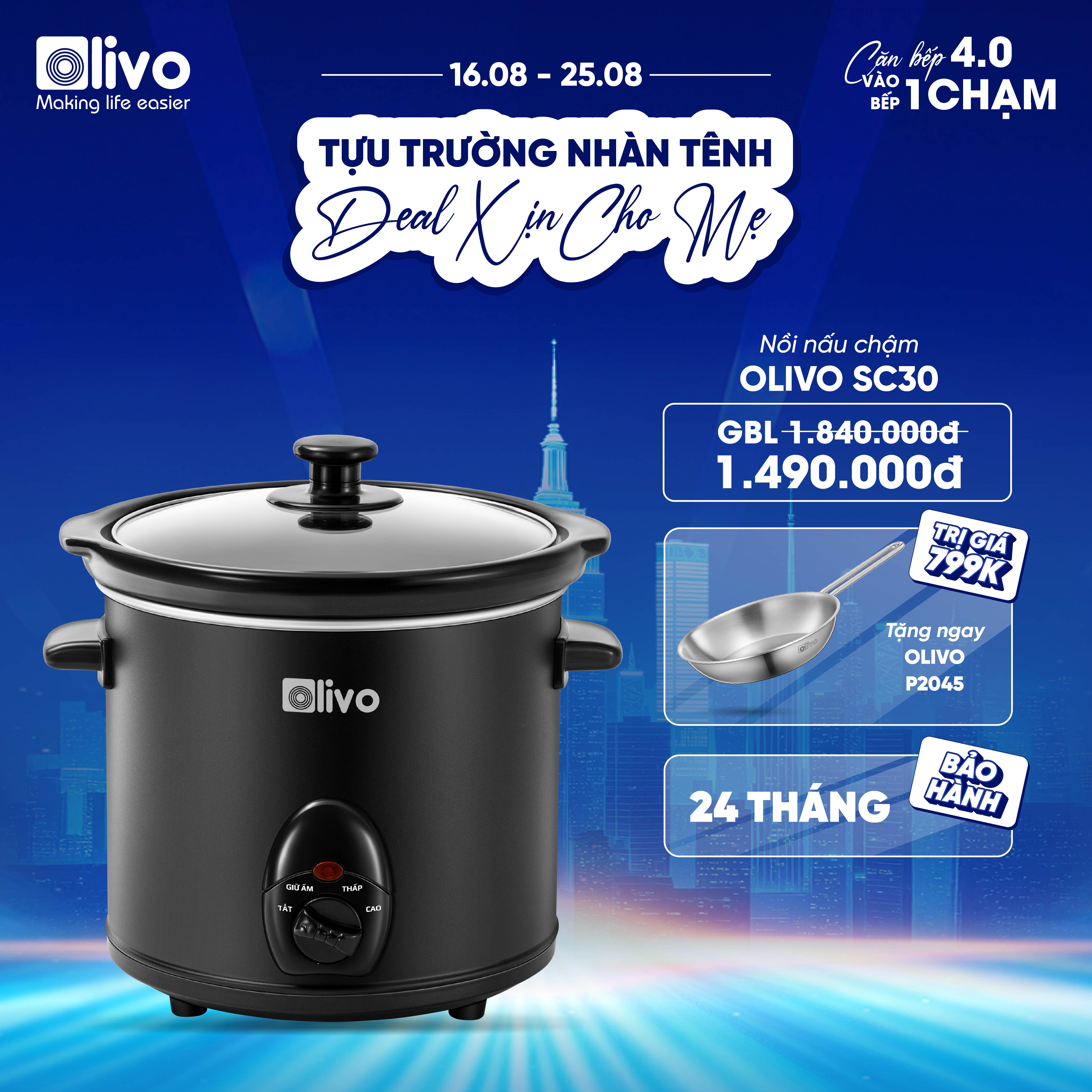 Nồi Nấu Chậm OLIVO SC25/SC30 - 3 Mức Nhiệt Cài Sẵn - Điều Khiển Núm Xoay - Lòng Gốm Tráng Men - Nắp Kính Cường Lực - Dung tích 2.5L/3L