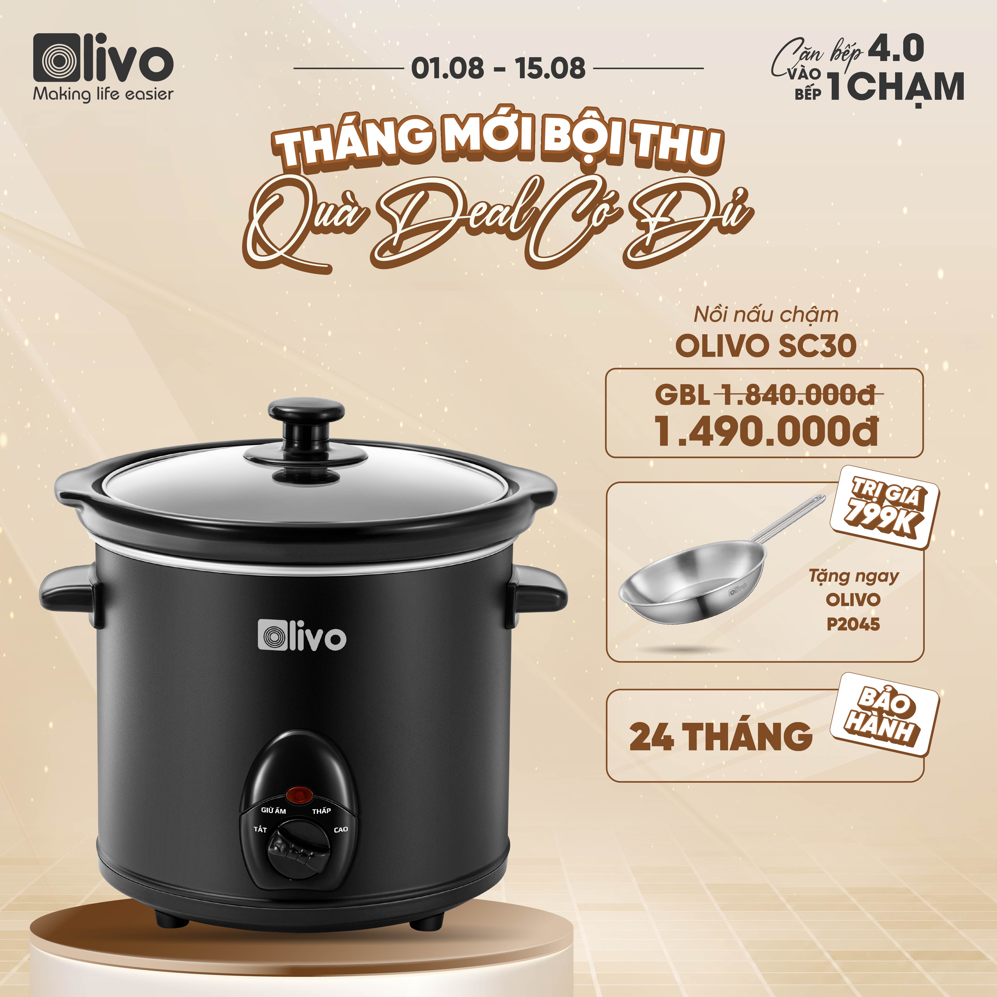 Nồi Nấu Chậm OLIVO SC25/SC30 - 3 Mức Nhiệt Cài Sẵn - Điều Khiển Núm Xoay - Lòng Gốm Tráng Men - Nắp Kính Cường Lực - Dung tích 2.5L/3L