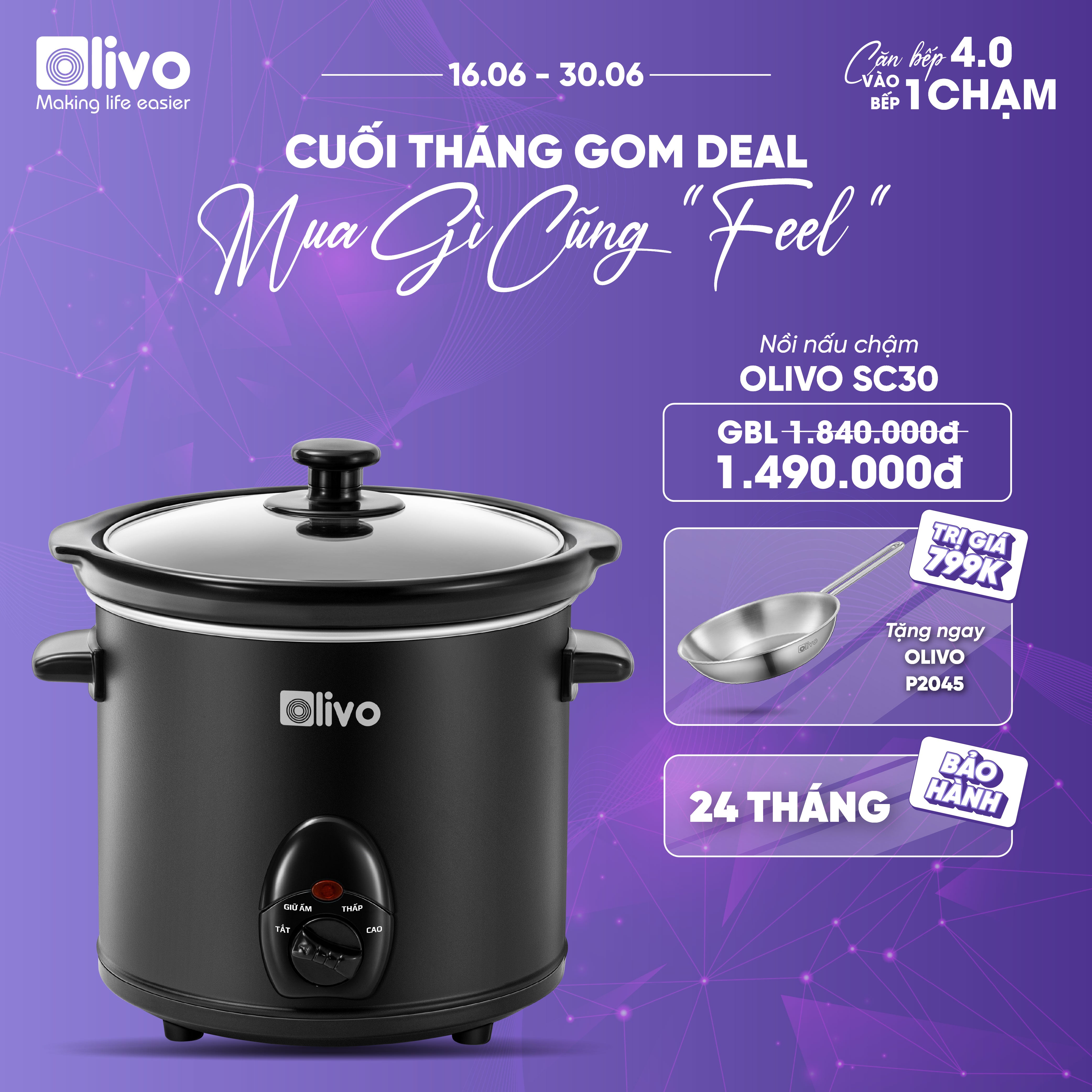 Nồi Nấu Chậm OLIVO SC25/SC30 - 3 Mức Nhiệt Cài Sẵn - Điều Khiển Núm Xoay - Lòng Gốm Tráng Men - Nắp Kính Cường Lực - Dung tích 2.5L/3L