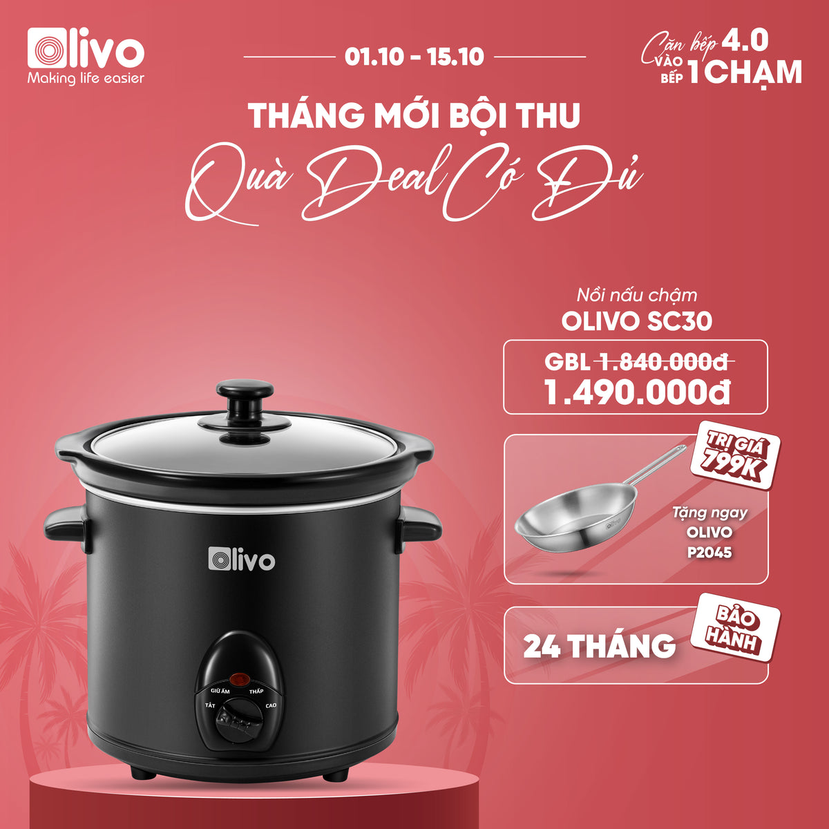 Nồi Nấu Chậm OLIVO SC25/SC30 - 3 Mức Nhiệt Cài Sẵn - Điều Khiển Núm Xoay - Lòng Gốm Tráng Men - Nắp Kính Cường Lực - Dung tích 2.5L/3L