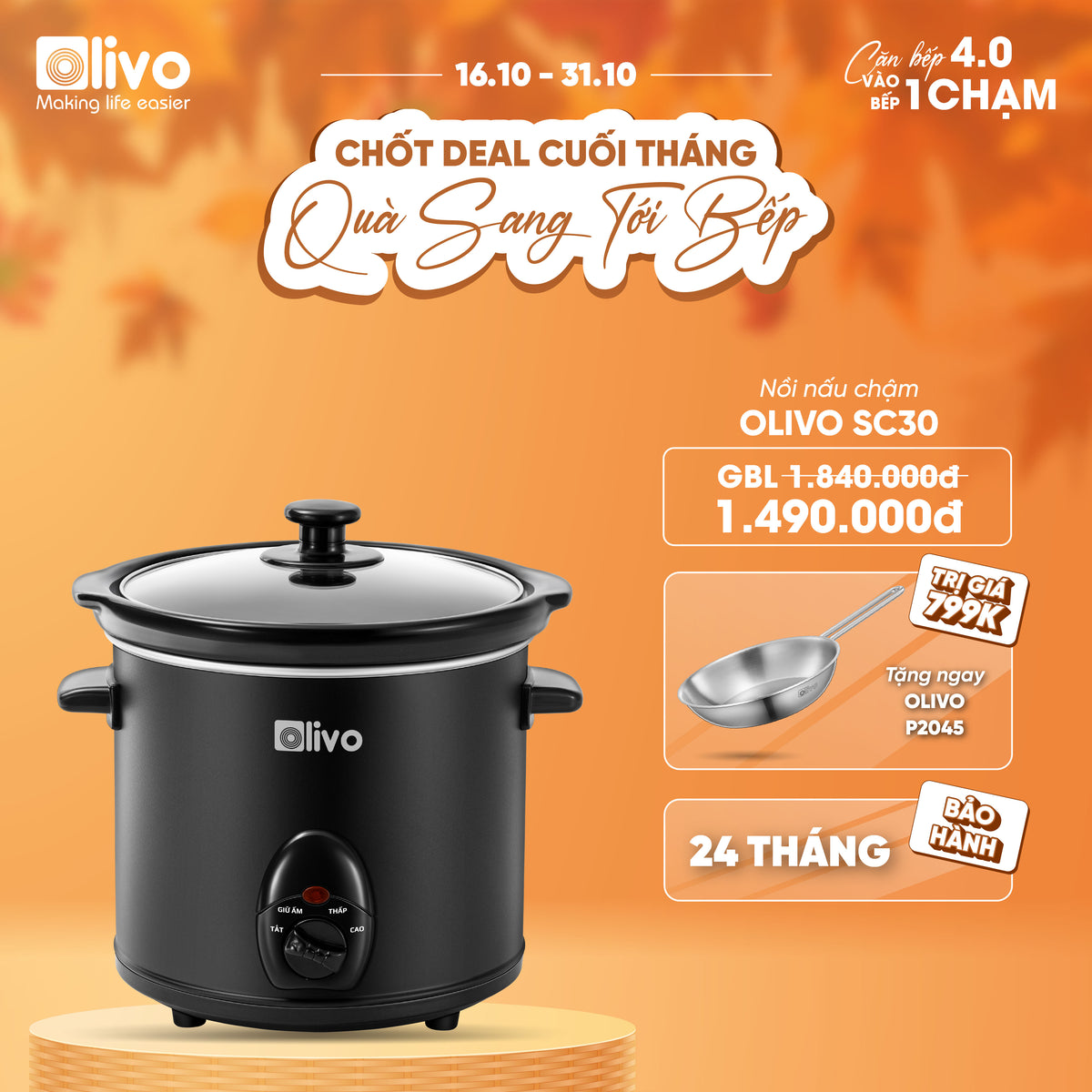 Nồi Nấu Chậm OLIVO SC25/SC30 - 3 Mức Nhiệt Cài Sẵn - Điều Khiển Núm Xoay - Lòng Gốm Tráng Men - Nắp Kính Cường Lực - Dung tích 2.5L/3L