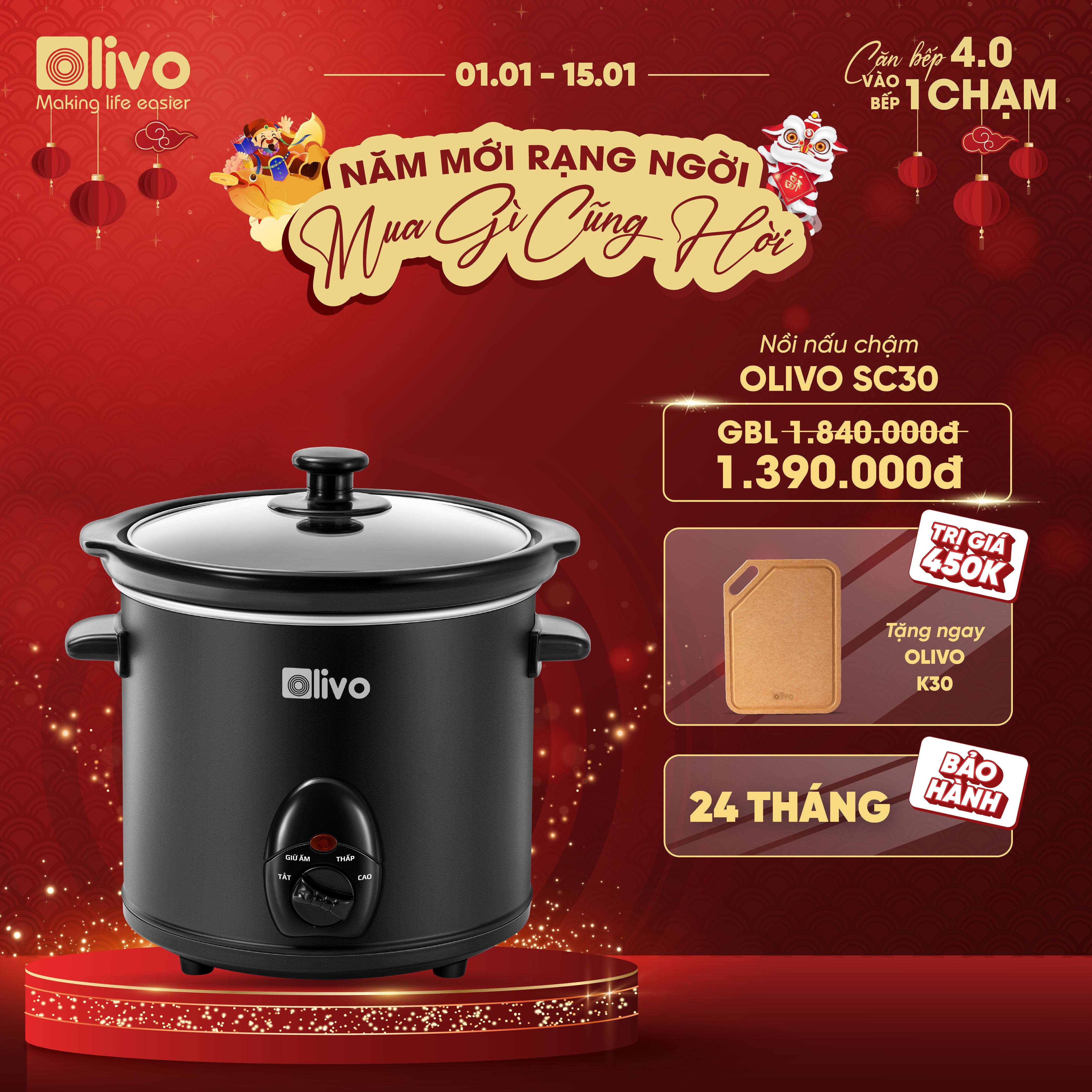Nồi Nấu Chậm OLIVO SC25/SC30 - 3 Mức Nhiệt Cài Sẵn - Điều Khiển Núm Xoay - Lòng Gốm Tráng Men - Nắp Kính Cường Lực - Dung tích 2.5L/3L