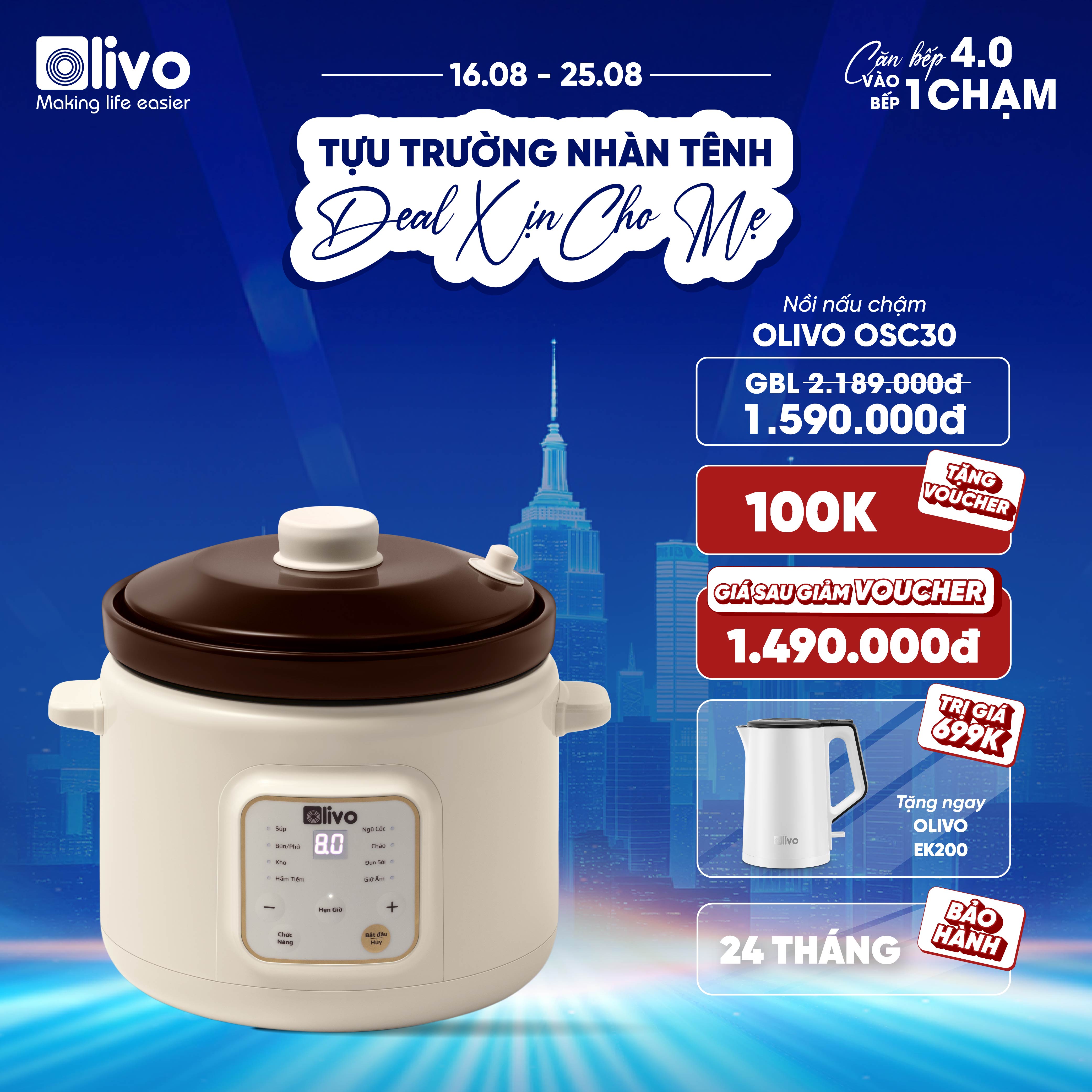 Nồi Nấu Chậm Olivo OSC30 - 9 Chế Độ Cài Sẵn, Bảng Điều Khiển Điện Tử, Lòng Gốm Tráng Men, Nắp Gốm Giữ Nhiệt, Dung tích 3L, Thông Minh, Tiện Lợi.