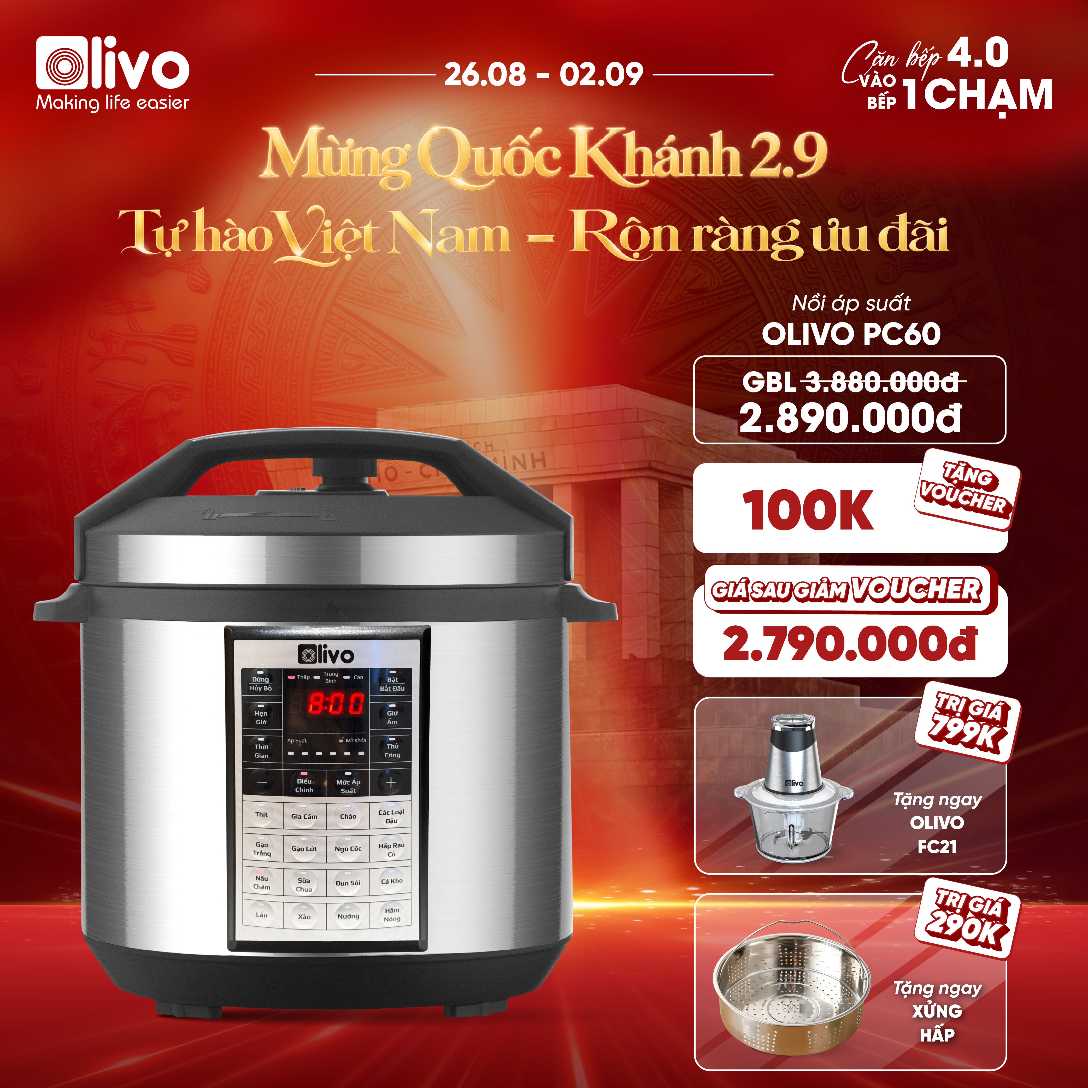 Nồi Áp Suất Điện Đa Năng OLIVO PC60 - 16 Chức Năng - Dung Tích 6L - Công Suất 1000W