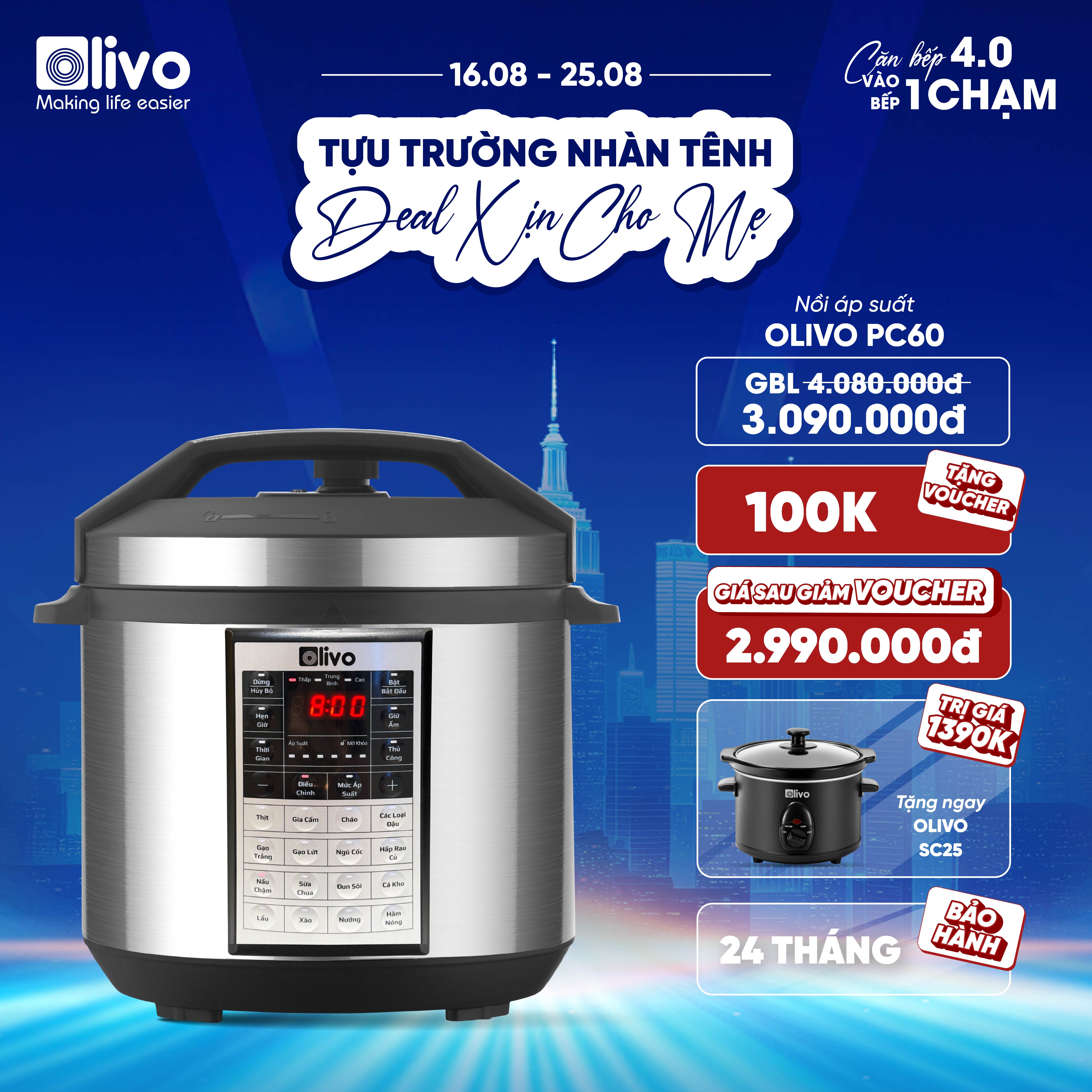 Nồi Áp Suất Điện Đa Năng OLIVO PC60 - 16 Chức Năng - Dung Tích 6L - Công Suất 1000W