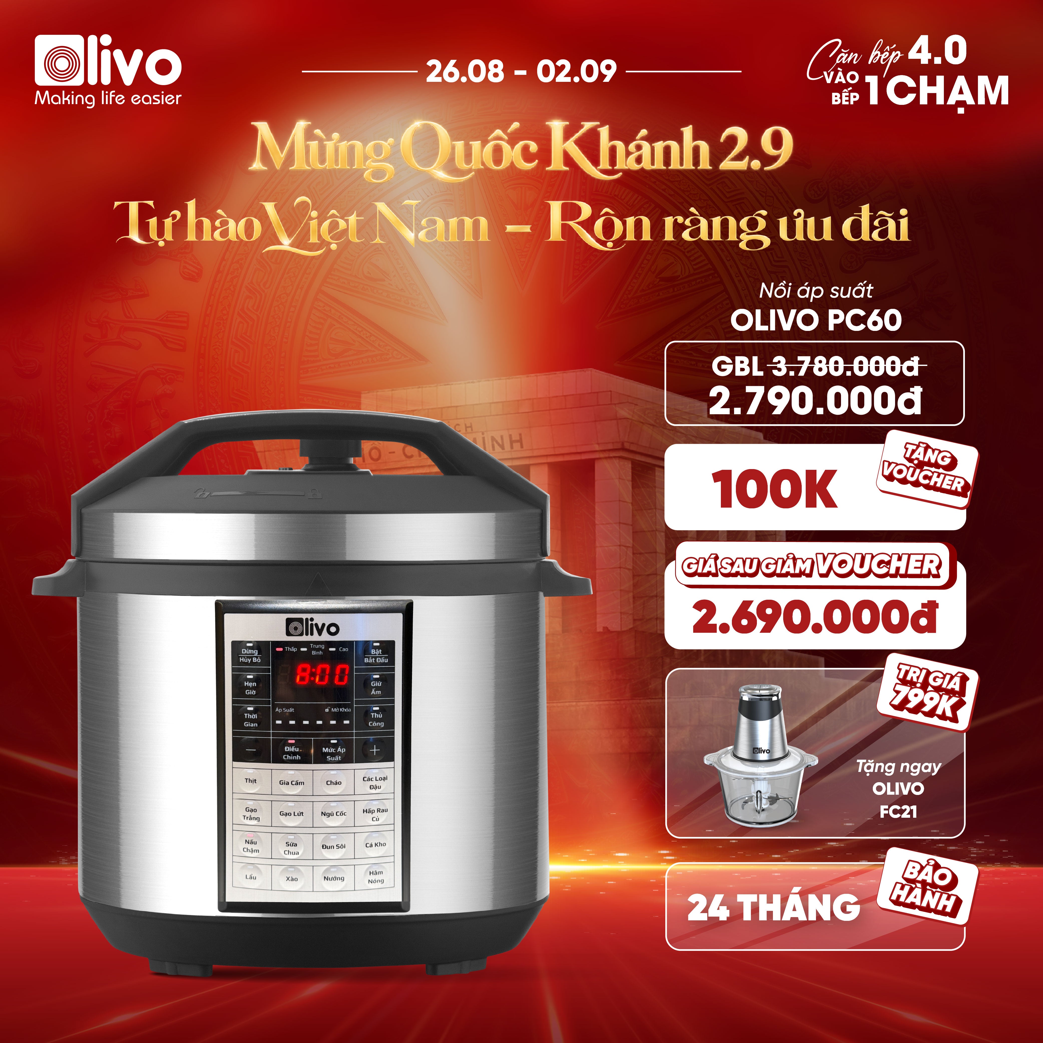 Nồi Áp Suất Điện Đa Năng OLIVO PC60 - 16 Chức Năng - Dung Tích 6L - Công Suất 1000W