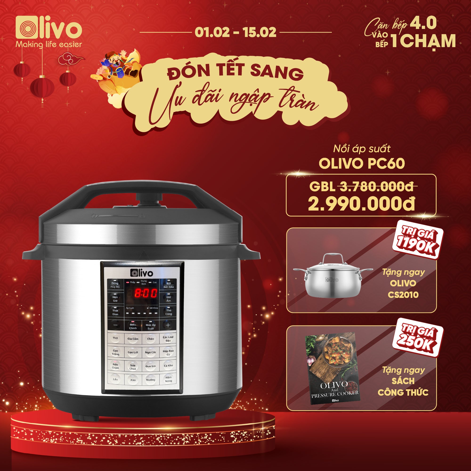 Nồi Áp Suất Điện Đa Năng OLIVO PC60 - 16 Chức Năng - Dung Tích 6L - Công Suất 1000W