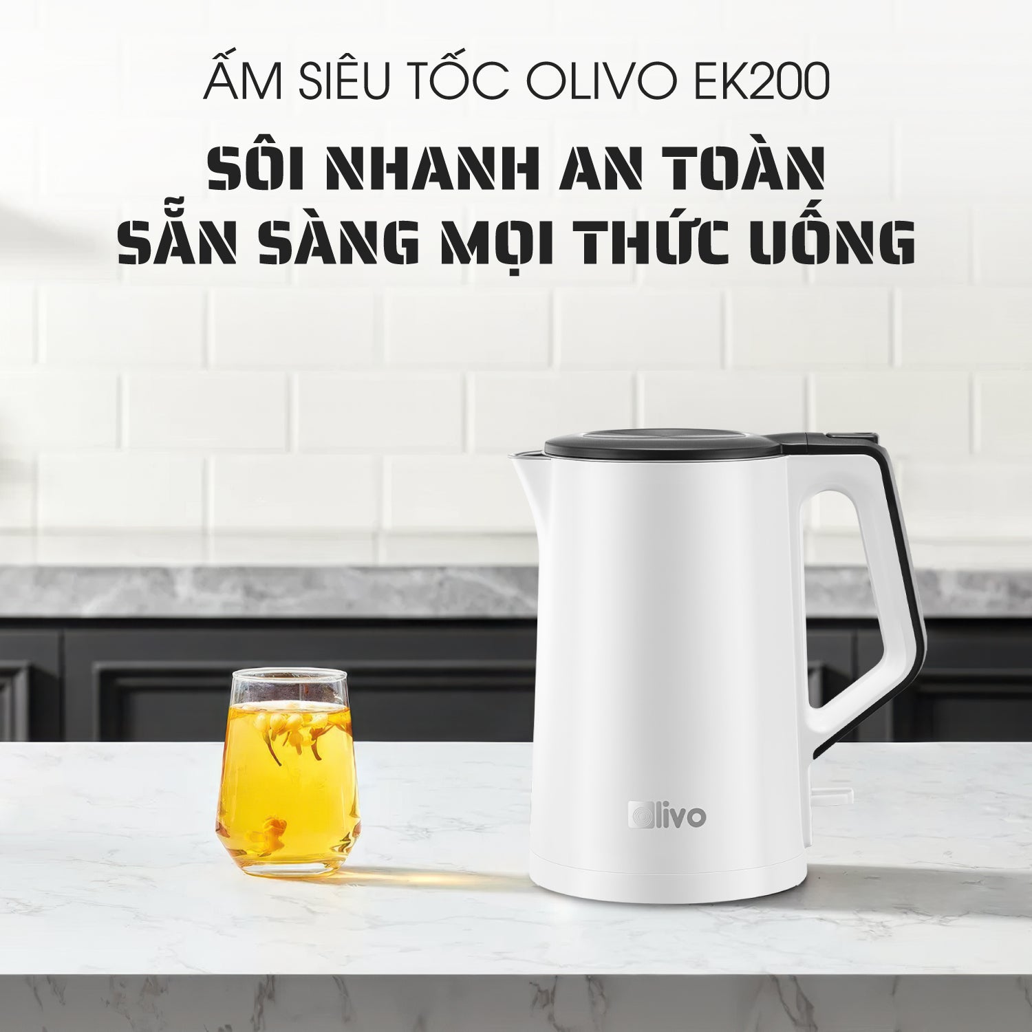 Ấm Siêu Tốc OLIVO EK200 – Màu Trắng Đen Hiện Đại, Lòng Ấm Inox 304, Bảo Vệ 4 Lớp, Dung Tích 1.5L, Công Suất Lớn 1500-1800W