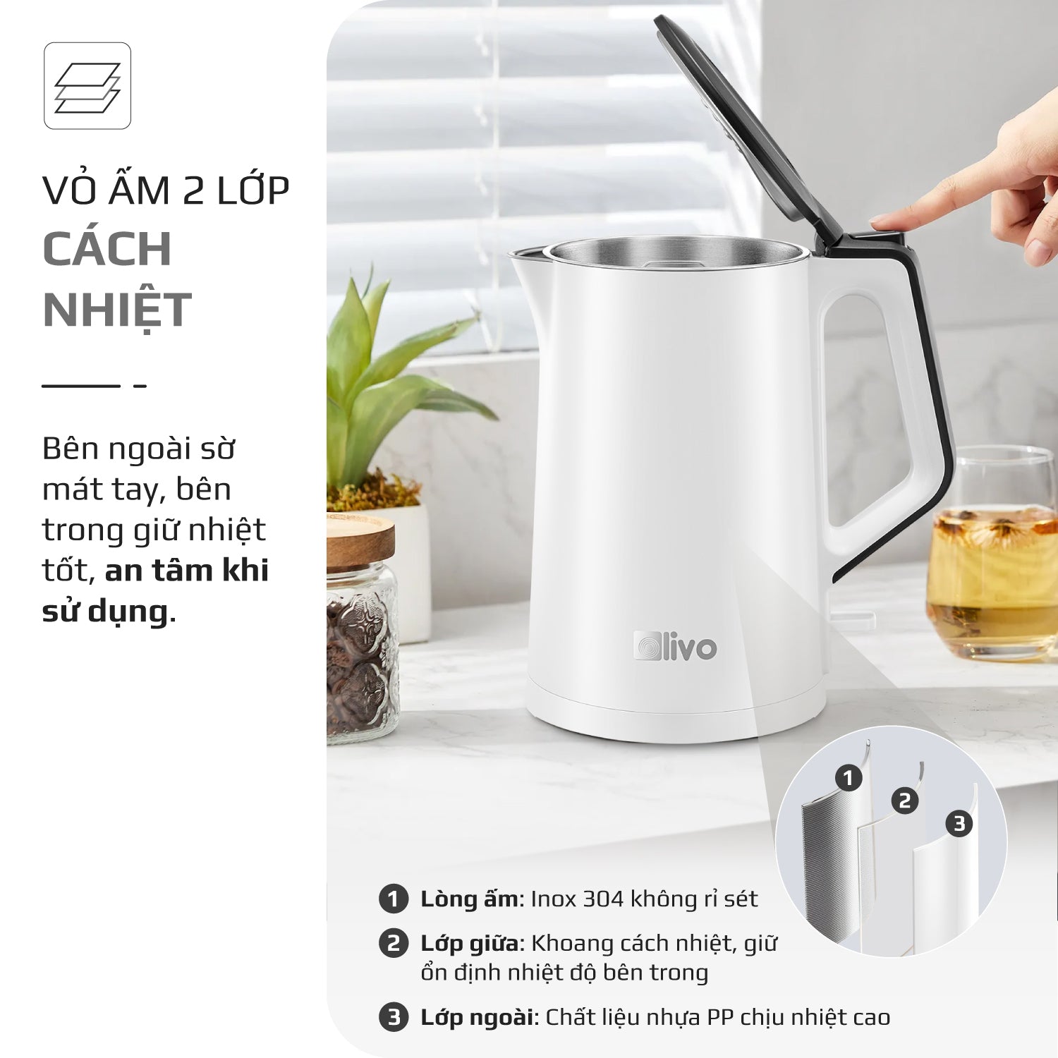 Ấm Siêu Tốc OLIVO EK200 – Màu Trắng Đen Hiện Đại, Lòng Ấm Inox 304, Bảo Vệ 4 Lớp, Dung Tích 1.5L, Công Suất Lớn 1500-1800W