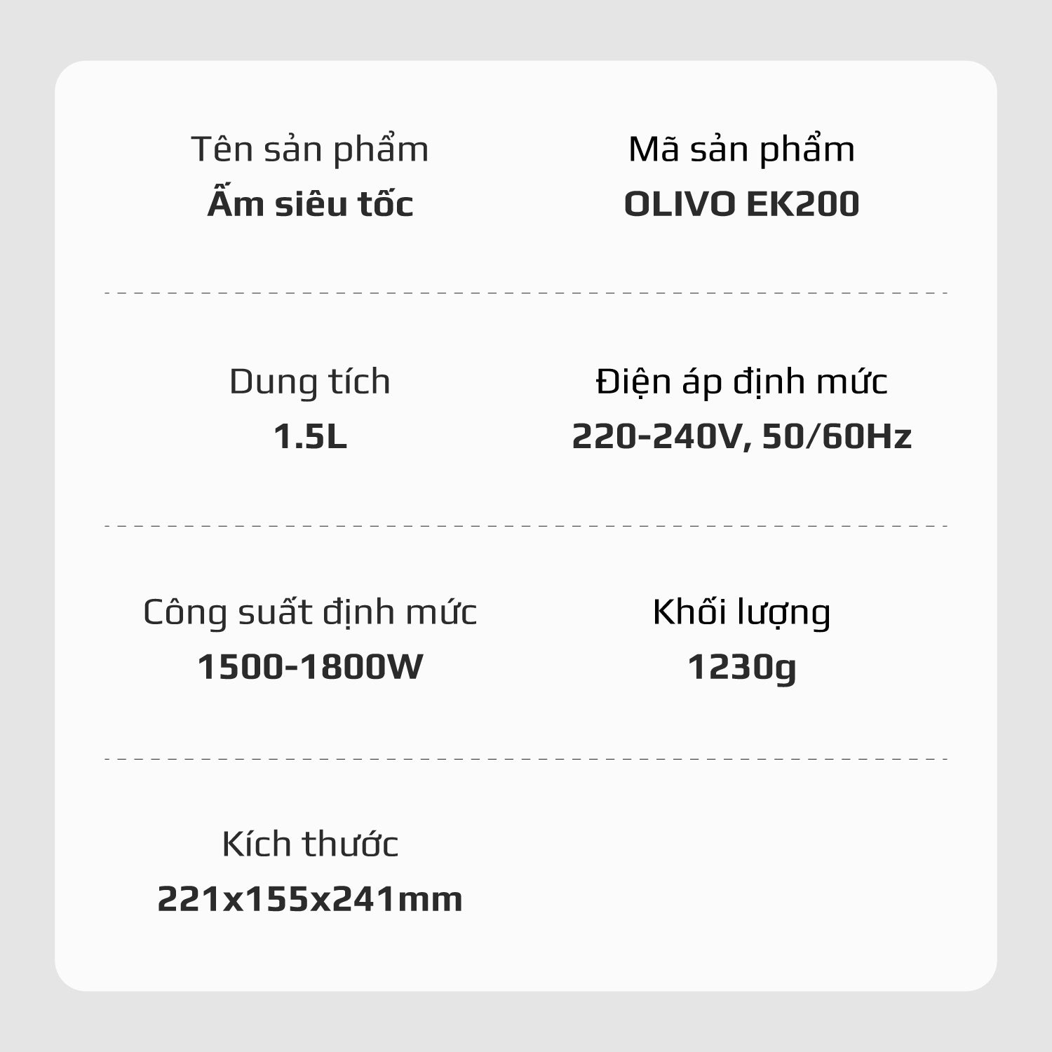 Ấm Siêu Tốc OLIVO EK200 – Màu Trắng Đen Hiện Đại, Lòng Ấm Inox 304, Bảo Vệ 4 Lớp, Dung Tích 1.5L, Công Suất Lớn 1500-1800W
