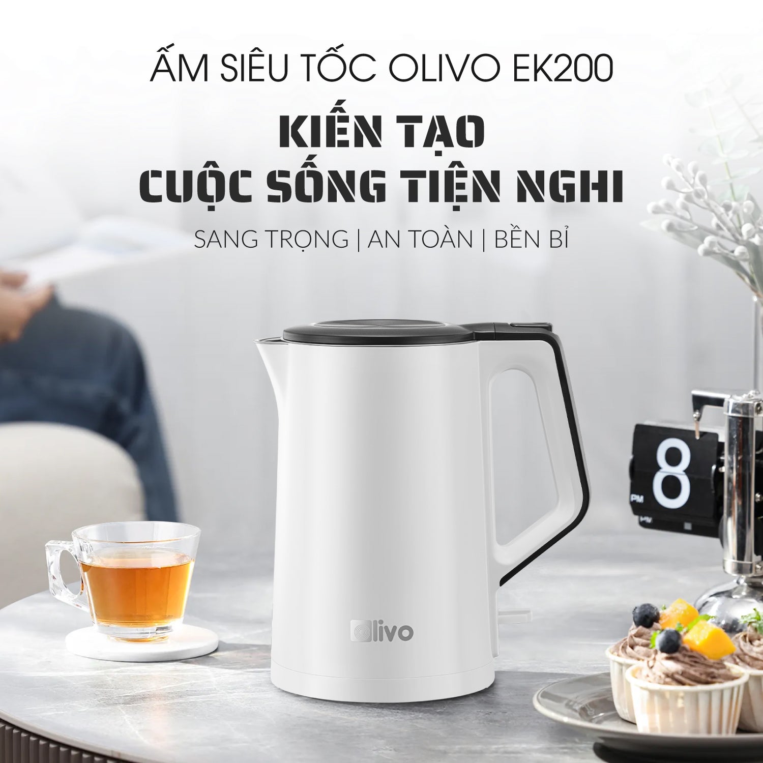 Ấm Siêu Tốc OLIVO EK200 – Màu Trắng Đen Hiện Đại, Lòng Ấm Inox 304, Bảo Vệ 4 Lớp, Dung Tích 1.5L, Công Suất Lớn 1500-1800W