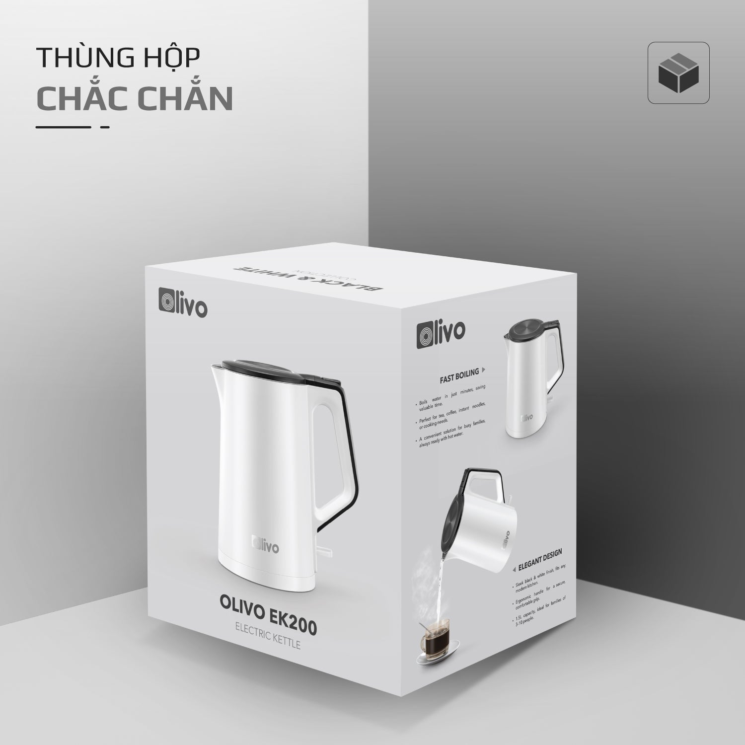 Ấm Siêu Tốc OLIVO EK200 – Màu Trắng Đen Hiện Đại, Lòng Ấm Inox 304, Bảo Vệ 4 Lớp, Dung Tích 1.5L, Công Suất Lớn 1500-1800W