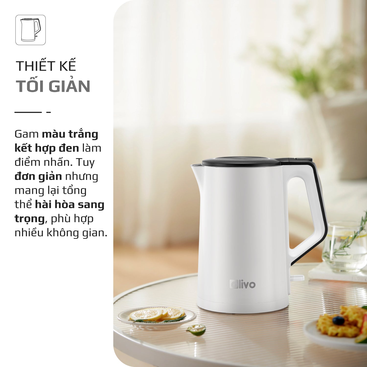 Ấm Siêu Tốc OLIVO EK200 – Màu Trắng Đen Hiện Đại, Lòng Ấm Inox 304, Bảo Vệ 4 Lớp, Dung Tích 1.5L, Công Suất Lớn 1500-1800W